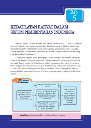 Bab - 5 Kedaulatan Rakyat Dalam Sistem
                                                                    Pemerintahan Indonesia



                                                                        Bab
                                                                           5
KEDAULATAN RAKYAT DALAM
SISTEM PEMERINTAHAN INDONESIA

     Apakah kalian pernah ditanya oleh orang tuamu akan              suatu keinginan
tertentu? Siapa yang paling menentukan keinginanmu itu? Kalian pasti akan
menyatakan, bahwa kalianlah yang mestinya paling menentukan akan apa yang
kalian inginkan. Pemahaman semacam itu disebut dengan kekuasaan tertinggi
atau dinamakan kedaulatan.
     Kehidupan negara pada prinsipnya sama dengan kehidupan keluarga.
Kedaulatan rakyat memberi gambaran, bahwa rakyatlah pemegang kekuasaan
tertinggi dalam setiap kehidupannya dalam bermasyarakat dan bernegara.
Penyelenggaraan pemerintahan negara berdasarkan kedaulatan rakyat tersebut
akan terlihat dalam sistem pemerintahan Indonesia. Dalam sistem pemerintahan
Indonesia akan tergambarkan peran lembaga negara sebagai pelaksana kedaulatan
rakyat.


        Peta Konsep

                              Pengertian Kedaulatan
                                      Rakyat
                                                               Peran Lembaga
                              Peran Lembaga Negara               Negara se-
       Kedaulatan Rak-
                              sebagai Pelaksana Ke-            bagai Pelaksa-
       yat dalam Sistem       daulatan Rakyat dalam            na Kedaulatan
        Pemerintahan           Sistem Pemerintahan              Rakyat dalam
           Indonesia                 Indonesia                  Sistem Peme-
                                                                   rintahan
                              Sikap Positif terhadap              Indonesia
                                Kedaulatan Rakyat
                              dalam Sistem Pemerin-
                                  tahan Indonesia



          Kata Kunci: Kedaulatan Rakyat, Sistem Pemerintahan


                                                                                123
 