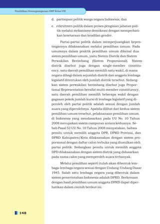 Pendidikan Kewarganegaraan SMP Kelas VIII


                             d. partisipasi politik warga negara Indonesia; dan

                             e. rekrutmen politik dalam proses pengisian jabatan poli-
                                tik melalui mekanisme demokrasi dengan memperhati-
                                 kan kesetaraan dan keadilan gender.

                                  Partai-partai politik dalam memperjuangkan kepen-
                             tingannya dilaksanakan melalui pemilihan umum. Pada
                             umumnya dalam praktik pemilihan umum dikenal dua
                             sistem pemilihan umum, yaitu Sistem Distrik dan Sistem
                             Perwakilan     Berimbang   (Sistem   Proporsional).   Sistem
                             distrik disebut juga dengan single-member constitu-
                             ency, satu daerah pemilihan memilih satu wakil, di mana
                             negara dibagi dalam sejumlah distrik dan anggota lembaga
                             legislatif ditentukan oleh jumlah distrik tersebut. Sedang-
                             kan sistem perwakilan berimbang disebut juga Propor-
                             tional Representation bersifat multi-member constituency,
                             satu daerah pemilihan memilih beberapa wakil dengan
                             gagasan pokok jumlah kursi di lembaga legislatif yang di-
                             peroleh oleh partai politik adalah sesuai dengan jumlah
                             suara yang diperolehnya. Apabila dilihat dari kedua sistem
                             pemilihan umum tersebut, pelaksanaan pemilihan umum
                             di Indonesia yang mendasarkan pada UU No. 10 Tahun
                             2008 merupakan sistem campuran antara keduanya. Se-
                             bab Pasal 52 UU No. 10 Tahun 2008 menyatakan, bahwa
                             pemilu untuk memilih anggota DPR, DPRD Provinsi, dan
                             DPRD Kabupaten/Kota dilaksanakan dengan sistem pro-
                             porsional dengan daftar calon terbuka yang diusulkan oleh
                             partai politik. Sedangkan pemilu untuk memilih anggota
                             DPD dilaksanakan dengan sistem distrik yang didasarkan
                             pada nama calon yang memperoleh suara terbanyak.

                                  Melalui pemilihan seperti itulah akan dibentuk lem-
                             baga-lembaga negara sesuai dengan Undang-Undang Dasar
                             1945. Salah satu lembaga negara yang dibentuk dalam
                             sistem pemerintahan Indonesia adalah DPRD. Berkenaan
                             dengan hasil pemilihan umum anggota DPRD dapat diper-
                             hatikan dalam contoh berikut ini.




   148
 
