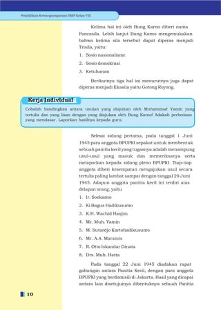 Pendidikan Kewarganegaraan SMP Kelas VIII


                                        Kelima hal ini oleh Bung Karno diberi nama
                                  Pancasila. Lebih lanjut Bung Karno mengemukakan
                                  bahwa kelima sila tersebut dapat diperas menjadi
                                  Trisila, yaitu:
                                  1. Sosio nasionalisme
                                  2. Sosio demokrasi
                                  3. Ketuhanan

                                       Berikutnya tiga hal ini menurutnya juga dapat
                                  diperas menjadi Ekasila yaitu Gotong Royong.


    Kerja Individual
  Cobalah bandingkan antara usulan yang diajukan oleh Muhammad Yamin yang
  tertulis dan yang lisan dengan yang diajukan oleh Bung Karno! Adakah perbedaan
  yang mendasar. Laporkan hasilnya kepada guru.



                                        Selesai sidang pertama, pada tanggal 1 Juni
                                  1945 para anggota BPUPKI sepakat untuk membentuk
                                  sebuah panitia kecil yang tugasnya adalah menampung
                                  usul-usul    yang   masuk dan    memeriksanya serta
                                  melaporkan kepada sidang pleno BPUPKI. Tiap-tiap
                                  anggota diberi kesempatan mengajukan usul secara
                                  tertulis paling lambat sampai dengan tanggal 20 Juni
                                  1945. Adapun anggota panitia kecil ini terdiri atas
                                  delapan orang, yaitu
                                  1. Ir. Soekarno
                                  2. Ki Bagus Hadikusumo
                                  3. K.H. Wachid Hasjim
                                  4. Mr. Muh. Yamin
                                  5. M. Sutardjo Kartohadikusumo
                                  6. Mr. A.A. Maramis
                                  7. R. Otto Iskandar Dinata
                                  8. Drs. Muh. Hatta

                                       Pada tanggal 22 Juni 1945 diadakan rapat
                                  gabungan antara Panitia Kecil, dengan para anggota
                                  BPUPKI yang berdomisili di Jakarta. Hasil yang dicapai
                                  antara lain disetujuinya dibentuknya sebuah Panitia

   10
 