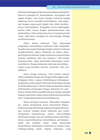 Bab - 1 Pancasila Sebagai Ideologi dan Dasar Negara


tidak sesuai dengan perikemanusiaan dan perikeadilan.”
Menurut paragraf ini, kemerdekaan merupakan hak
segala bangsa. Jadi semua bangsa termasuk bangsa
Indonesia harus memiliki kemerdekaan. Jadi kalau
ada bangsa yang masih dijajah dan tidak merdeka
harus dimerdekakan. Penjajahan harus dihilangkan
karena tidak sesuai dengan perikemanusiaan dan
perikeadilan. Jelas setiap manusia itu mempunyai hak
sama. Jadi kalau menjajah itu bertentangan dengan
perikemanusiaan.

     Alinea kedua berbunyi, ”Dan perjuangan
pergerakan kemerdekaan Indonesia telah sampailah
kepada saat yang berbahagia dengan selamat sentausa
menghantarkan rakyat Indonesia ke depan pintu
gerbang kemerdekaan negara Indonesia yang merdeka,
bersatu, berdaulat, adil, dan makmur.” Jadi setelah
berjuang lama, maka berhasillah perjuangan untuk
merdeka itu. Bangsa Indonesia telah siap mendirikan
negara yang merdeka, bersatu, berdaulat, adil, dan
makmur.

      Alinea ketiga berbunyi, ”Atas berkat rahmat
Allah yang Maha Kuasa dan dengan didorongkan oleh
keinginan luhur, supaya berkehidupan kebangsaan
yang bebas, maka rakyat Indonesia menyatakan dengan
ini kemerdekaannya.” Alinea ketiga menyatakan bahwa
keberhasilan perjuangan bangsa Indonesia itu atas
berkat rahmat Allah yang Maha Kuasa. Supaya menjadi
bangsa yang bebas, maka rakyat Indonesia menyatakan
atau memproklamasikan kemerdekaannya.

      Alinea keempat berbunyi, ”Kemudian daripada
itu, untuk membentuk suatu Pemerintah Negara
Indonesia yang melindungi segenap bangsa Indonesia
dan seluruh tumpah darah Indonesia dan untuk
memajukan     kesejahteraan     umum,     mencerdaskan
kehidupan bangsa, dan ikut melaksanakan ketertiban
dunia yang berdasarkan kemerdekaan, perdamaian
abadi   dan   keadilan     sosial,   maka     disusunlah
kemerdekaan kebangsaan Indonesia itu dalam suatu
Undang-Undang      Dasar    Negara    Indonesia,       yang

                                                                                15
 