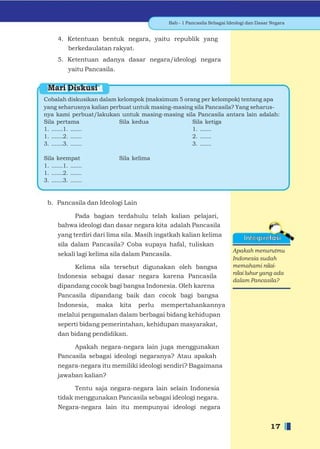 Bab - 1 Pancasila Sebagai Ideologi dan Dasar Negara


       4. Ketentuan bentuk negara, yaitu republik yang
          berkedaulatan rakyat.
       5. Ketentuan adanya dasar negara/ideologi negara
            yaitu Pancasila.


  Mari Diskusi
Cobalah diskusikan dalam kelompok (maksimum 5 orang per kelompok) tentang apa
yang seharusnya kalian perbuat untuk masing-masing sila Pancasila? Yang seharus-
nya kami perbuat/lakukan untuk masing-masing sila Pancasila antara lain adalah:
Sila pertama              Sila kedua              Sila ketiga
1. .......1. .......                              1. .......
1. .......2. .......                              2. .......
3. .......3. .......                              3. .......

Sila keempat                   Sila kelima
1. .......1. .......
1. .......2. .......
3. .......3. .......


 b. Pancasila dan Ideologi Lain

           Pada bagian terdahulu telah kalian pelajari,
       bahwa ideologi dan dasar negara kita adalah Pancasila
       yang terdiri dari lima sila. Masih ingatkah kalian kelima
       sila dalam Pancasila? Coba supaya hafal, tuliskan
                                                                            Apakah menurutmu
       sekali lagi kelima sila dalam Pancasila.
                                                                            Indonesia sudah
            Kelima sila tersebut digunakan oleh bangsa                      memahami nilai-
                                                                            nilai luhur yang ada
       Indonesia sebagai dasar negara karena Pancasila
                                                                            dalam Pancasila?
       dipandang cocok bagi bangsa Indonesia. Oleh karena
       Pancasila dipandang baik dan cocok bagi bangsa
       Indonesia,      maka    kita   perlu   mempertahankannya
       melalui pengamalan dalam berbagai bidang kehidupan
       seperti bidang pemerintahan, kehidupan masyarakat,
       dan bidang pendidikan.

            Apakah negara-negara lain juga menggunakan
       Pancasila sebagai ideologi negaranya? Atau apakah
       negara-negara itu memiliki ideologi sendiri? Bagaimana
       jawaban kalian?

             Tentu saja negara-negara lain selain Indonesia
       tidak menggunakan Pancasila sebagai ideologi negara.
       Negara-negara lain itu mempunyai ideologi negara


                                                                                            17
 