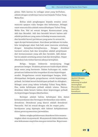 Bab - 1 Pancasila Sebagai Ideologi dan Dasar Negara


prima. Oleh karena itu sebagai umat yang berTuhan,
adalah dengan sendirinya harus taat kepada Tuhan Yang
Maha Esa.

    Kedua ialah penghargaan kepada sesama umat
manusia apapun suku bangsa dan bahasanya. Sebagai
umat manusia kita adalah sama dihadapan Tuhan Yang
Maha Esa. Hal ini sesuai dengan Kemanusiaan yang
Adil dan Beradab. Adil dan beradab berarti bahwa adil
adalah perlakuan yang sama terhadap sesama manusia,
dan beradab berarti perlakuan yang sama itu sesuai de-
ngan derajat kemanusiaan. Atas dasar perlakuan ini maka
kita menghargai akan hak-hak asasi manusia seimbang
dengan      kewajiban-kewajibannya.     Dengan        demikian
harmoni antara hak dan kewajiban adalah penjelmaan
dari kemanusaiaan yang adil dan beradab. Adil dalam
hal ini adalah seimbang antara hak dan kewajiban. Dapat
dikatakan hak timbul karena adanya kewajiban.

     Ketiga, bangsa Indonesia        menjunjung      tinggi
persatuan bangsa. Di dalam persatuan itulah dapat dibina
kerja sama yang harmonis. Dalam hubungan ini, maka
persatuan Indonesia kita tempatkan di atas kepentingan
sendiri. Pengorbanan untuk kepentingan bangsa, lebih
ditempatkan daripada pengorbanan untuk kepentingan                   Apakah Bangsa
                                                                     Indonesia
pribadi. Ini tidak berarti kehidupan pribadi itu diingkari.
                                                                     sekarang ini sudah
Sebagai umat yang takwa terhadap Tuhan Yang Maha                     menerapkan
Esa, maka kehidupan pribadi adalah utama. Namun                      Pancasila dengan
                                                                     murni dan
demikian tidak berarti bahwa demi kepentingan pribadi
                                                                     konsekwen
itu kepentingan bangsa dikorbankan.

    Keempat adalah bahwa kehidupan kita dalam
kemasyarakatan dan bernegara berdasarkan atas sistem
demokrasi. Demokrasi yang dianut adalah demokrasi
Pancasila. Hal ini sesuai dengan sila ke empat yaitu
kerakyatan yang dipimpin oleh hikmat kebijaksanaan
dalam permusyawaratan/perwakilan.

      Dalam rangka pelaksanaan demokrasi kita memen-
tingkan akan musyawarah. Musyawarah tidak didasarkan
atas kekuasaan mayoritas maupun minoritas. Keputusan



                                                                                     29
 