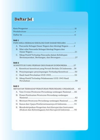 Daftar Isi

Kata Pengantar ...........................................................................iii
Pendahuluan ..............................................................................v
Daftar Isi ....................................................................................vi

BAB 1
PANCASILA SEBAGAI IDEOLOGI DAN DASAR NEGARA .............1
    A. Pancasila Sebagai Dasar Negara dan Ideologi Negara .. ......2
    B. Nilai-nilai Pancasila Sebagai Ideologi Negara dan
       Dasar Negara ....................................................................21
    C. Sikap Positif Terhadap Pancasila dalam Kehidupan
       Bermasyarakat, Berbangsa, dan Bernegara .......................27

BAB 2
KONSTITUSI YANG PERNAH DIGUNAKAN DI INDONESIA ..........37
    A. Konstitusi-konstitusi yang Pernah Berlaku Di Indonesia ...38
    B. Penyimpangan-penyimpangan Terhadap Konstitusi ..........50
    C. Hasil-hasil Perubahan UUD 1945 ......................................53
    D. Sikap Positif Terhadap Pelaksanaan UUD 1945 Hasil
       Perubahan ........................................................................59

BAB 3
KETAATAN TERHADAP PERATURAN PERUNDANG-UNDANGAN..                                                    65
    A. Tata Urutan Peraturan Perundang-undangan Nasional .....66
    B. Proses Pembuatan Peraturan Perundang-undangan
       Nasional ............................................................................82
    C. Mentaati Peraturan Perundang-undangan Nasional ..........89
    D. Kasus dan Upaya Pemberantasannya di Indonesia ............91
    E. Mendeskripsikan Pengertian Anti Korupsi dan Instrumen
       (Hukum dan Kelembagaan) Anti Korupsi di Indonesia .......95
 