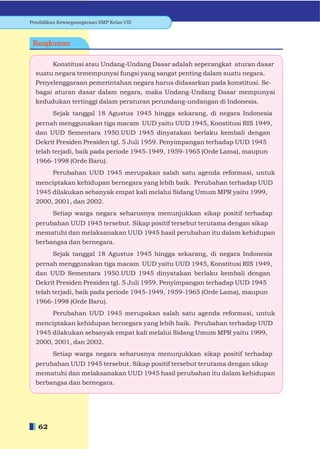Pendidikan Kewarganegaraan SMP Kelas VIII



 Rangkuman

       Konstitusi atau Undang-Undang Dasar adalah seperangkat aturan dasar
  suatu negara temempunyai fungsi yang sangat penting dalam suatu negara.
  Penyelenggaraan pemerintahan negara harus didasarkan pada konstitusi. Se-
  bagai aturan dasar dalam negara, maka Undang-Undang Dasar mempunyai
  kedudukan tertinggi dalam peraturan perundang-undangan di Indonesia.
         Sejak tanggal 18 Agustus 1945 hingga sekarang, di negara Indonesia
  pernah menggunakan tiga macam UUD yaitu UUD 1945, Konstitusi RIS 1949,
  dan UUD Sementara 1950.UUD 1945 dinyatakan berlaku kembali dengan
  Dekrit Presiden Presiden tgl. 5 Juli 1959. Penyimpangan terhadap UUD 1945
  telah terjadi, baik pada periode 1945-1949, 1959-1965 (Orde Lama), maupun
  1966-1998 (Orde Baru).
         Perubahan UUD 1945 merupakan salah satu agenda reformasi, untuk
  menciptakan kehidupan bernegara yang lebih baik. Perubahan terhadap UUD
  1945 dilakukan sebanyak empat kali melalui Sidang Umum MPR yaitu 1999,
  2000, 2001, dan 2002.
         Setiap warga negara seharusnya menunjukkan sikap positif terhadap
  perubahan UUD 1945 tersebut. Sikap positif tersebut terutama dengan sikap
  mematuhi dan melaksanakan UUD 1945 hasil perubahan itu dalam kehidupan
  berbangsa dan bernegara.
         Sejak tanggal 18 Agustus 1945 hingga sekarang, di negara Indonesia
  pernah menggunakan tiga macam UUD yaitu UUD 1945, Konstitusi RIS 1949,
  dan UUD Sementara 1950.UUD 1945 dinyatakan berlaku kembali dengan
  Dekrit Presiden Presiden tgl. 5 Juli 1959. Penyimpangan terhadap UUD 1945
  telah terjadi, baik pada periode 1945-1949, 1959-1965 (Orde Lama), maupun
  1966-1998 (Orde Baru).
         Perubahan UUD 1945 merupakan salah satu agenda reformasi, untuk
  menciptakan kehidupan bernegara yang lebih baik. Perubahan terhadap UUD
  1945 dilakukan sebanyak empat kali melalui Sidang Umum MPR yaitu 1999,
  2000, 2001, dan 2002.
         Setiap warga negara seharusnya menunjukkan sikap positif terhadap
  perubahan UUD 1945 tersebut. Sikap positif tersebut terutama dengan sikap
  mematuhi dan melaksanakan UUD 1945 hasil perubahan itu dalam kehidupan
  berbangsa dan bernegara.




   62
 