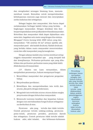Bab - 3 Ketaatan Terhadap Peraturan Perundang-Undangan


dan menghindari serangan binatang buas, manusia
membuat rumah. Kemudian untuk mempertahankan
kehidupannya manusia juga mencari dan menciptakan
aneka makanan dan sebagainya.

     Sebagai bagian dari masyarakat, kita harus dapat
melaksanakan berbagai kaidah hidup yang berlaku       di
lingkungan masyarakat. Dengan demikian kita ikut
berpartisipasidalam mewujudkanketertibandimasyarakat.
Ketertiban dan masyarakat tidak dapat dipisahkan satu
sama lain, bagaikan satu mata uang dengan dua sisinya.
Mengapa? Cicero kurang lebih 2000 tahun yang lalu
menyatakan: “Ubi societas ibi ius” artinya apabila ada
masyarakat pasti ada kaidah (hukum). Kaidah (hukum)
yang berlaku dalam suatu masyarakat mencerminkan
corak dan sifat masyarakat yang bersangkutan.

     Dengan adanya kaidah atau norma membuat setiap
anggota masyarakat menyadari apa    yang menjadi hak
dan kewajibannya. Perbuatan-perbuatan apa yang dibo-
lehkan dan perbuatan-perbuatan mana yang tidak boleh
dilakukannya di masyarakat.

     J.P. Glastra van Loan menyatakan, dalam
                                                                        Perundang-
menjalankan peranannya, hukum mempunyai fungsi :                    undangan hanya
                                                                        merupakan
1. Menertibkan masyarakat dan pengaturan pergaulan
                                                                      sebagian dari
   hidup;                                                            hukum-hukum
                                                                    ada yang bersifat
2. Menyelesaikan pertikaian;                                        tertulis dan tidak
                                                                     tertulis.hukum
3. Memelihara dan mempertahankan tata tertib dan
                                                                            tidak
   aturan, jika perlu dengan kekerasan;                               tertulis yang
                                                                      dilaksanakan
4. Mengubah tata tertib dan aturan-aturan dalam rangka                dalam praktik
   penyesuaian dengan kebutuhan masyarakat;                         penyelenggaraan
                                                                           negara
5. Memenuhi tuntutan keadilan dan kepastian hukum                       dinamakan
   dengan cara merealisasikan fungsi hukum sebagaima-                     konvensi
                                                                         sedangkan
   na disebutkan di atas.                                                  hukum
                                                                       tidak tertulis
     Peraturan ada yang     tertulis dan tidak tertulis.
                                                                        dinamakan
Contoh peraturan tertulis undang-undang, peraturan                     hukum adat.
peme-rintah,   peraturan    presiden,   peraturan      daerah
dan sebagainya. Contoh peraturan tidak tertulis adalah
hukum    adat, adat istiadat,   dan kebiasaan-kebiasaan

                                                                                  69
 