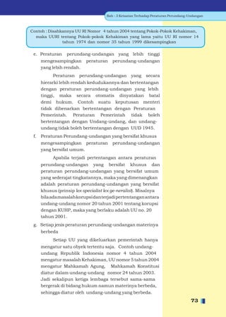 Bab - 3 Ketaatan Terhadap Peraturan Perundang-Undangan



Contoh : Disahkannya UU RI Nomor 4 tahun 2004 tentang Pokok-Pokok Kehakiman,
  maka UURI tentang Pokok-pokok Kehakiman yang lama yaitu UU RI nomor 14
               tahun 1974 dan nomor 35 tahun 1999 dikesampingkan


 e. Peraturan     perundang-undangan yang lebih tinggi
      mengesampingkan      peraturan    perundang-undangan
      yang lebih rendah.
           Peraturan    perundang-undangan        yang    secara
      hierarki lebih rendah kedudukannya dan bertentangan
      dengan peraturan perundang-undangan yang lebih
      tinggi, maka secara otomatis dinyatakan batal
      demi hukum. Contoh suatu keputusan menteri
      tidak dibenarkan bertentangan dengan Peraturan
      Pemerintah. Peraturan Pemerintah tidak boleh
      bertentangan dengan Undang-undang, dan undang-
      undang tidak boleh bertentangan dengan UUD 1945.
 f.   Peraturan Perundang-undangan yang bersifat khusus
      mengesampingkan peraturan         perundang-undangan
      yang bersifat umum.
           Apabila terjadi pertentangan antara peraturan
      perundang-undangan yang bersifat khusus dan
      peraturan perundang-undangan yang bersifat umum
      yang sederajat tingkatannya, maka yang dimenangkan
      adalah peraturan perundang-undangan yang bersifat
      khusus (prinsip lex specialist lex ge-neralist). Misalnya
      bila ada masalah korupsi dan terjadi pertentangan antara
      undang-undang nomor 20 tahun 2001 tentang korupsi
      dengan KUHP, maka yang berlaku adalah UU no. 20
      tahun 2001.
 g. Setiap jenis peraturan perundang-undangan materinya
      berbeda
           Setiap UU yang dikeluarkan pemerintah hanya
      mengatur satu obyek tertentu saja. Contoh undang-
      undang Republik Indonesia nomor 4 tahun 2004
      mengatur masalah Kehakiman, UU nomor 5 tahun 2004
      mengatur Mahkamah Agung, Mahkamah Konstitusi
      diatur dalam undang-undang nomor 24 tahun 2003.
      Jadi sekalipun ketiga lembaga tersebut sama-sama
      bergerak di bidang hukum namun materinya berbeda,
      sehingga diatur oleh undang-undang yang berbeda.
                                                                                    73
 