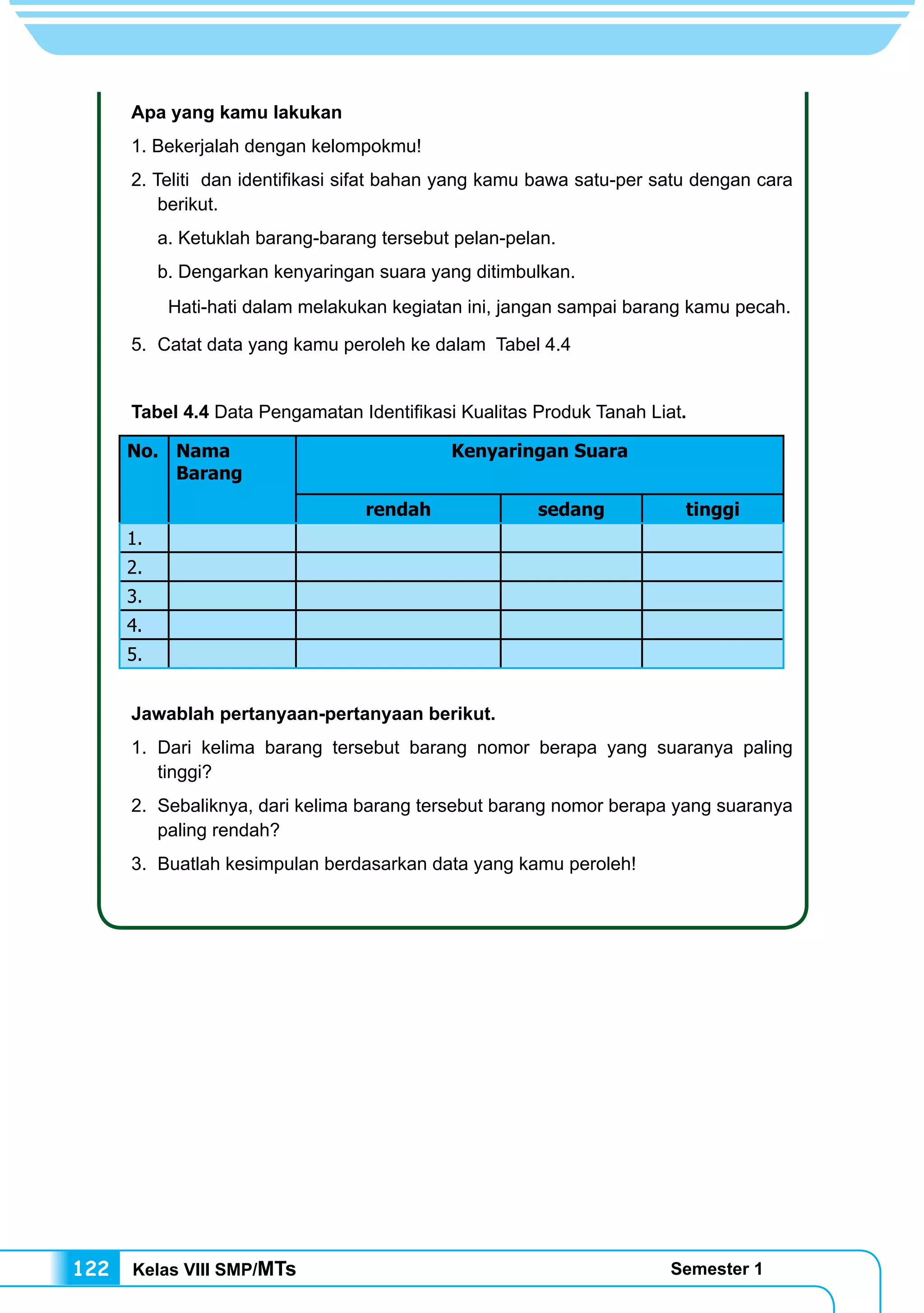 Kelas VIII SMP/MTs Semester 1122
Apa yang kamu lakukan
1. Bekerjalah dengan kelompokmu!
2. Teliti dan identifikasi sifat bahan yang kamu bawa satu-per satu dengan cara
berikut.
	 a. Ketuklah barang-barang tersebut pelan-pelan.
	 b. Dengarkan kenyaringan suara yang ditimbulkan.
	 Hati-hati dalam melakukan kegiatan ini, jangan sampai barang kamu pecah.
5.	 Catat data yang kamu peroleh ke dalam Tabel 4.4
Tabel 4.4 Data Pengamatan Identifikasi Kualitas Produk Tanah Liat.
No. Nama
Barang
Kenyaringan Suara
rendah sedang tinggi
1.
2.
3.
4.
5.
			
Jawablah pertanyaan-pertanyaan berikut.
1.	Dari kelima barang tersebut barang nomor berapa yang suaranya paling
tinggi?
2.	 Sebaliknya, dari kelima barang tersebut barang nomor berapa yang suaranya
paling rendah?
3.	 Buatlah kesimpulan berdasarkan data yang kamu peroleh!
 