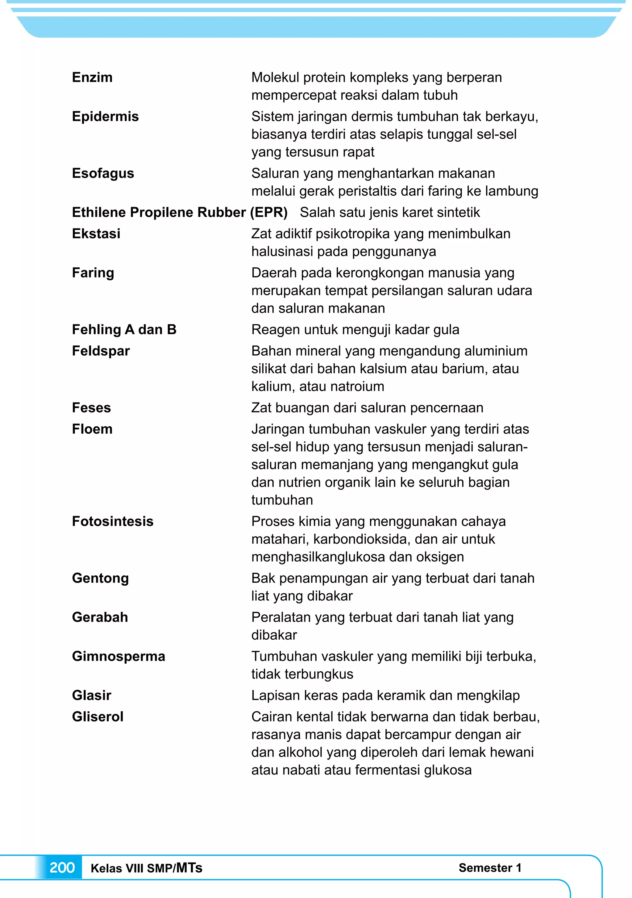 Kelas VIII SMP/MTs Semester 1200
Enzim	 Molekul protein kompleks yang berperan
mempercepat reaksi dalam tubuh
Epidermis	 Sistem jaringan dermis tumbuhan tak berkayu,
biasanya terdiri atas selapis tunggal sel-sel
yang tersusun rapat
Esofagus	 Saluran yang menghantarkan makanan
melalui gerak peristaltis dari faring ke lambung
Ethilene Propilene Rubber (EPR)	 Salah satu jenis karet sintetik
Ekstasi	 Zat adiktif psikotropika yang menimbulkan
halusinasi pada penggunanya
Faring	 Daerah pada kerongkongan manusia yang
merupakan tempat persilangan saluran udara
dan saluran makanan
Fehling A dan B	 Reagen untuk menguji kadar gula
Feldspar	 Bahan mineral yang mengandung aluminium
silikat dari bahan kalsium atau barium, atau
kalium, atau natroium
Feses	 Zat buangan dari saluran pencernaan
Floem	 Jaringan tumbuhan vaskuler yang terdiri atas
sel-sel hidup yang tersusun menjadi saluran-
saluran memanjang yang mengangkut gula
dan nutrien organik lain ke seluruh bagian
tumbuhan
Fotosintesis	 Proses kimia yang menggunakan cahaya
matahari, karbondioksida, dan air untuk
menghasilkanglukosa dan oksigen
Gentong	 Bak penampungan air yang terbuat dari tanah
liat yang dibakar
Gerabah	 Peralatan yang terbuat dari tanah liat yang
dibakar
Gimnosperma	 Tumbuhan vaskuler yang memiliki biji terbuka,
tidak terbungkus
Glasir	 Lapisan keras pada keramik dan mengkilap
Gliserol	 Cairan kental tidak berwarna dan tidak berbau,
rasanya manis dapat bercampur dengan air
dan alkohol yang diperoleh dari lemak hewani
atau nabati atau fermentasi glukosa
 