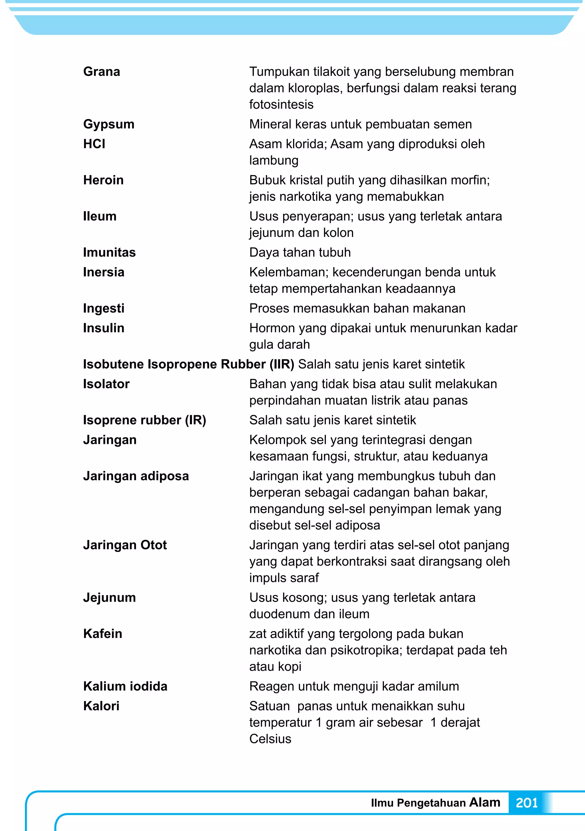 Ilmu Pengetahuan Alam 201
Grana	 Tumpukan tilakoit yang berselubung membran
dalam kloroplas, berfungsi dalam reaksi terang
fotosintesis
Gypsum	 Mineral keras untuk pembuatan semen
HCl	 Asam klorida; Asam yang diproduksi oleh
lambung
Heroin	 Bubuk kristal putih yang dihasilkan morfin;
jenis narkotika yang memabukkan
Ileum	 Usus penyerapan; usus yang terletak antara
jejunum dan kolon
Imunitas	 Daya tahan tubuh
Inersia	 Kelembaman; kecenderungan benda untuk
tetap mempertahankan keadaannya
Ingesti	 Proses memasukkan bahan makanan
Insulin	 Hormon yang dipakai untuk menurunkan kadar
gula darah
Isobutene Isopropene Rubber (IIR) Salah satu jenis karet sintetik
Isolator	 Bahan yang tidak bisa atau sulit melakukan
perpindahan muatan listrik atau panas
Isoprene rubber (IR)	 Salah satu jenis karet sintetik
Jaringan	 Kelompok sel yang terintegrasi dengan
kesamaan fungsi, struktur, atau keduanya
Jaringan adiposa	 Jaringan ikat yang membungkus tubuh dan
berperan sebagai cadangan bahan bakar,
mengandung sel-sel penyimpan lemak yang
disebut sel-sel adiposa
Jaringan Otot	 Jaringan yang terdiri atas sel-sel otot panjang
yang dapat berkontraksi saat dirangsang oleh
impuls saraf
Jejunum	 Usus kosong; usus yang terletak antara
duodenum dan ileum
Kafein	 zat adiktif yang tergolong pada bukan
narkotika dan psikotropika; terdapat pada teh
atau kopi
Kalium iodida	 Reagen untuk menguji kadar amilum
Kalori	 Satuan panas untuk menaikkan suhu
temperatur 1 gram air sebesar 1 derajat
Celsius
 