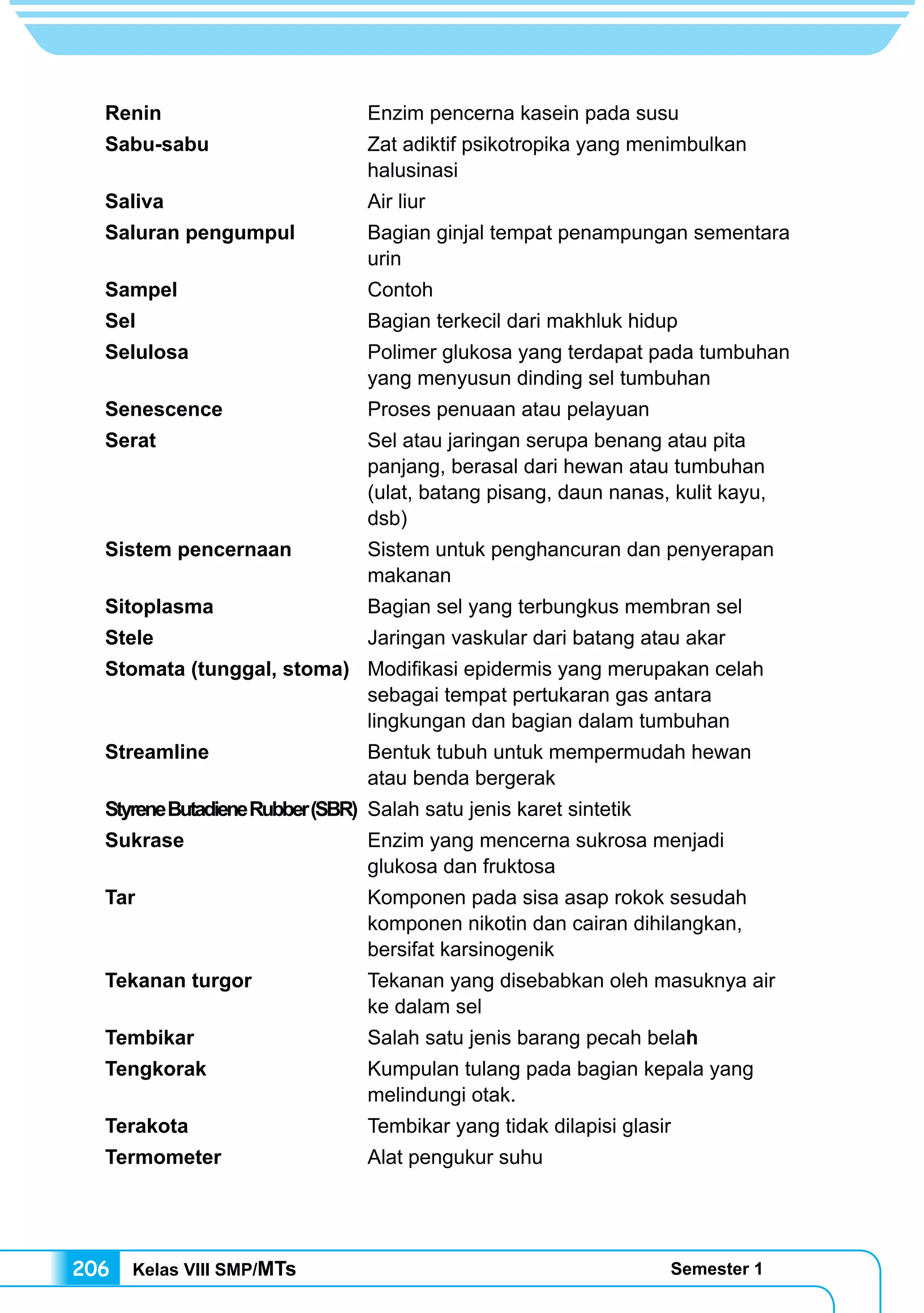 Kelas VIII SMP/MTs Semester 1206
Renin	 Enzim pencerna kasein pada susu
Sabu-sabu	 Zat adiktif psikotropika yang menimbulkan
halusinasi
Saliva	 Air liur
Saluran pengumpul	 Bagian ginjal tempat penampungan sementara
urin
Sampel	 Contoh
Sel	 Bagian terkecil dari makhluk hidup
Selulosa	 Polimer glukosa yang terdapat pada tumbuhan
yang menyusun dinding sel tumbuhan
Senescence	 Proses penuaan atau pelayuan
Serat	 Sel atau jaringan serupa benang atau pita
panjang, berasal dari hewan atau tumbuhan
(ulat, batang pisang, daun nanas, kulit kayu,
dsb)
Sistem pencernaan	 Sistem untuk penghancuran dan penyerapan
makanan
Sitoplasma	 Bagian sel yang terbungkus membran sel
Stele	 Jaringan vaskular dari batang atau akar
Stomata (tunggal, stoma)	 Modifikasi epidermis yang merupakan celah
sebagai tempat pertukaran gas antara
lingkungan dan bagian dalam tumbuhan
Streamline	 Bentuk tubuh untuk mempermudah hewan
atau benda bergerak
StyreneButadieneRubber(SBR)	 Salah satu jenis karet sintetik
Sukrase	 Enzim yang mencerna sukrosa menjadi
glukosa dan fruktosa
Tar	 Komponen pada sisa asap rokok sesudah
komponen nikotin dan cairan dihilangkan,
bersifat karsinogenik
Tekanan turgor	 Tekanan yang disebabkan oleh masuknya air
ke dalam sel
Tembikar	 Salah satu jenis barang pecah belah
Tengkorak	 Kumpulan tulang pada bagian kepala yang
melindungi otak.
Terakota	 Tembikar yang tidak dilapisi glasir
Termometer	 Alat pengukur suhu
 