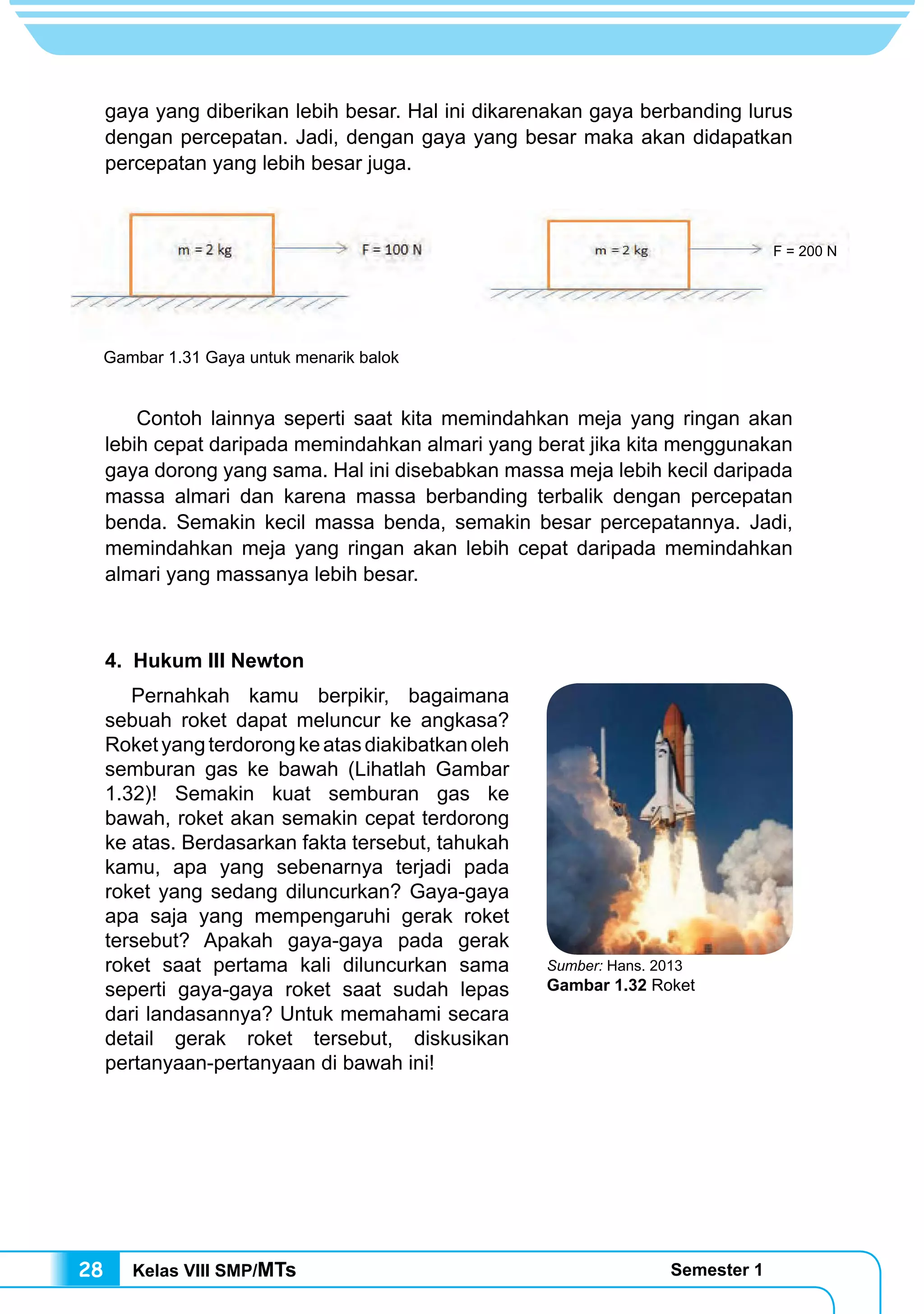 Kelas VIII SMP/MTs Semester 128
gaya yang diberikan lebih besar. Hal ini dikarenakan gaya berbanding lurus
dengan percepatan. Jadi, dengan gaya yang besar maka akan didapatkan
percepatan yang lebih besar juga.
	 Contoh lainnya seperti saat kita memindahkan meja yang ringan akan
lebih cepat daripada memindahkan almari yang berat jika kita menggunakan
gaya dorong yang sama. Hal ini disebabkan massa meja lebih kecil daripada
massa almari dan karena massa berbanding terbalik dengan percepatan
benda. Semakin kecil massa benda, semakin besar percepatannya. Jadi,
memindahkan meja yang ringan akan lebih cepat daripada memindahkan
almari yang massanya lebih besar.
4. Hukum III Newton
Pernahkah kamu berpikir, bagaimana
sebuah roket dapat meluncur ke angkasa?
Roketyangterdorongkeatasdiakibatkanoleh
semburan gas ke bawah (Lihatlah Gambar
1.32)! Semakin kuat semburan gas ke
bawah, roket akan semakin cepat terdorong
ke atas. Berdasarkan fakta tersebut, tahukah
kamu, apa yang sebenarnya terjadi pada
roket yang sedang diluncurkan? Gaya-gaya
apa saja yang mempengaruhi gerak roket
tersebut? Apakah gaya-gaya pada gerak
roket saat pertama kali diluncurkan sama
seperti gaya-gaya roket saat sudah lepas
dari landasannya? Untuk memahami secara
detail gerak roket tersebut, diskusikan
pertanyaan-pertanyaan di bawah ini!
Gambar 1.31 Gaya untuk menarik balok
Sumber: Hans. 2013
Gambar 1.32 Roket
F = 200 N
 