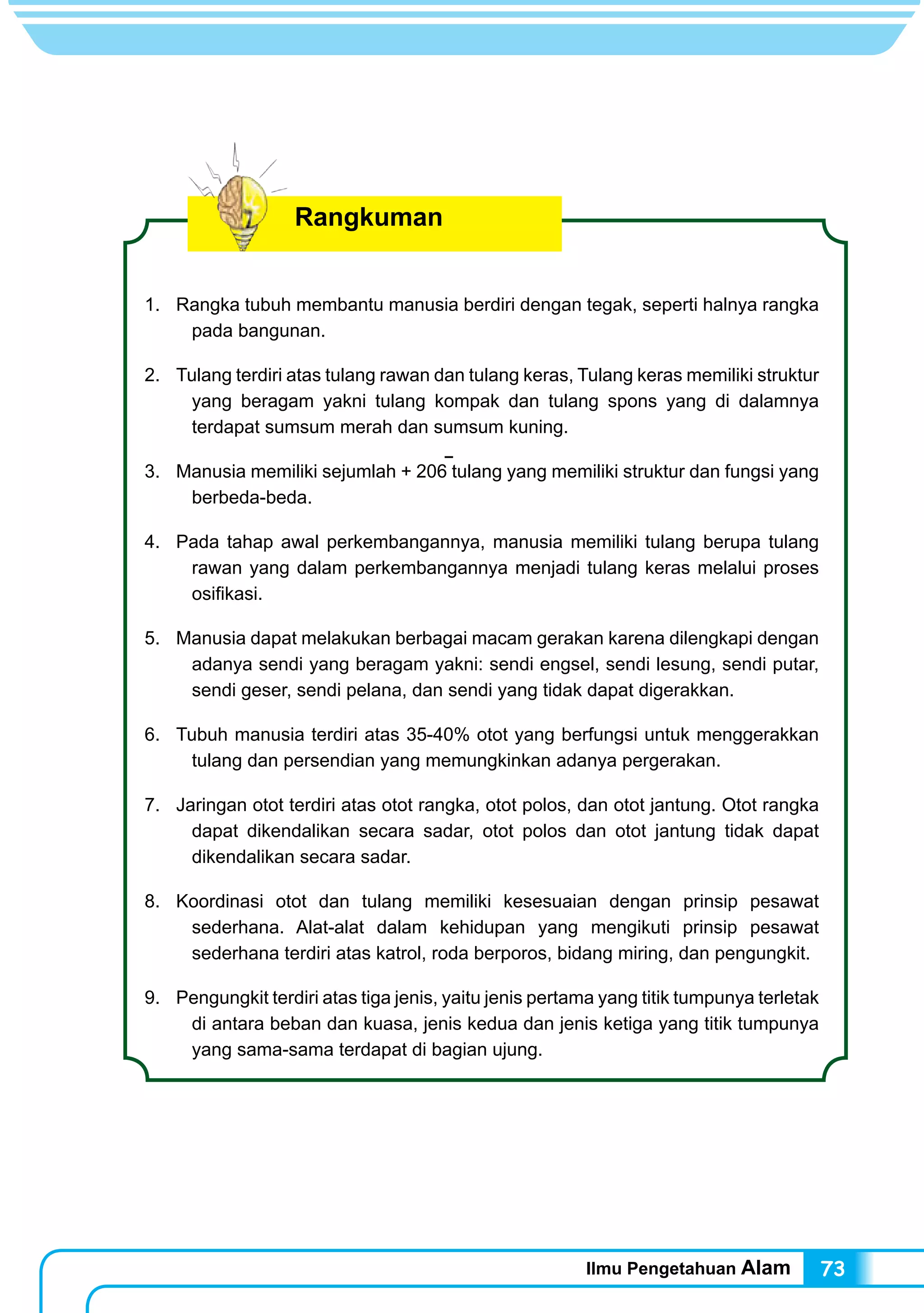 Ilmu Pengetahuan Alam 73
Rangkuman
1.	 Rangka tubuh membantu manusia berdiri dengan tegak, seperti halnya rangka
pada bangunan.
2.	 Tulang terdiri atas tulang rawan dan tulang keras, Tulang keras memiliki struktur
yang beragam yakni tulang kompak dan tulang spons yang di dalamnya
terdapat sumsum merah dan sumsum kuning.
3.	 Manusia memiliki sejumlah + 206 tulang yang memiliki struktur dan fungsi yang
berbeda-beda.
4.	 Pada tahap awal perkembangannya, manusia memiliki tulang berupa tulang
rawan yang dalam perkembangannya menjadi tulang keras melalui proses
osifikasi.
5.	 Manusia dapat melakukan berbagai macam gerakan karena dilengkapi dengan
adanya sendi yang beragam yakni: sendi engsel, sendi lesung, sendi putar,
sendi geser, sendi pelana, dan sendi yang tidak dapat digerakkan.
6.	 Tubuh manusia terdiri atas 35-40% otot yang berfungsi untuk menggerakkan
tulang dan persendian yang memungkinkan adanya pergerakan.
7.	 Jaringan otot terdiri atas otot rangka, otot polos, dan otot jantung. Otot rangka
dapat dikendalikan secara sadar, otot polos dan otot jantung tidak dapat
dikendalikan secara sadar.
8.	 Koordinasi otot dan tulang memiliki kesesuaian dengan prinsip pesawat
sederhana. Alat-alat dalam kehidupan yang mengikuti prinsip pesawat
sederhana terdiri atas katrol, roda berporos, bidang miring, dan pengungkit.
9.	 Pengungkit terdiri atas tiga jenis, yaitu jenis pertama yang titik tumpunya terletak
di antara beban dan kuasa, jenis kedua dan jenis ketiga yang titik tumpunya
yang sama-sama terdapat di bagian ujung.
 