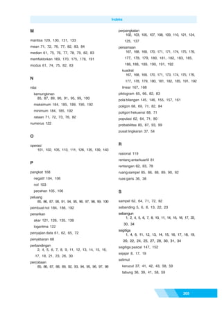 Indeks


M                                                        perpangkatan
                                                             102, 103, 105, 107, 108, 109, 110, 121, 124,
mantisa 129, 130, 131, 133                                     125, 137
mean 71, 72, 76, 77, 82, 83, 84                          persamaan
median 61, 75, 76, 77, 78, 79, 82, 83                        167, 168, 169, 170, 171, 171, 174, 175, 176,

memfaktorkan 169, 170, 175, 178, 191                           177, 178, 179, 180, 181, 182, 183, 185,

modus 61, 74, 75, 82, 83                                       186, 188, 189, 190, 191, 192
                                                             kuadrat
                                                               167, 168, 169, 170, 171, 173, 174, 175, 176,
N
                                                                177, 178, 179, 180, 181, 182, 185, 191, 192
nilai                                                        linear 167, 168
    kemungkinan                                          piktogram 65, 66, 82, 83
      85, 87, 89, 90, 91, 95, 99, 100                    pola bilangan 145, 146, 155, 157, 161
    maksimum 184, 185, 189, 190, 192                     poligon 68, 69, 71, 82, 84
    minimum 184, 185, 192                                poligon frekuensi 68, 71
    rataan 71, 72, 73, 76, 82                            populasi 62, 64, 71, 80
numerus 122                                              probabilitas 85, 87, 93, 99
                                                         pusat lingkaran 37, 54
O

operasi                                                  R
    101, 102, 105, 110, 111, 126, 135, 139, 140
                                                         rasional 119
                                                         rentang antarkuartil 81
P
                                                         rentangan 62, 63, 78
pangkat 168                                              ruang sampel 85, 86, 88, 89, 90, 92
    negatif 104, 106                                     ruas garis 36, 38
    nol 103
    pecahan 105, 106                                     S
peluang
    85, 86, 87, 90, 91, 94, 95, 96, 97, 98, 99, 100      sampel 62, 64, 71, 72, 82
pembuat nol 184, 188, 192                                sebanding 5, 6, 8, 13, 22, 23
penarikan                                                sebangun
                                                             1, 2, 4, 5, 6, 7, 8, 10, 11, 14, 15, 16, 17, 22,
    akar 121, 126, 135, 138
                                                               30, 34
    logaritma 122
                                                         segitiga
penyajian data 61, 62, 65, 72                                 1, 4, 6, 11, 12, 13, 14, 15, 16, 17, 18, 19,
penyebaran 68                                                  20, 22, 24, 25, 27, 28, 30, 31, 34
perbandingan                                             segitiga pascal 147, 152
    2, 4, 5, 6, 7, 8, 9, 11, 12, 13, 14, 15, 16,
                                                         sejajar 8, 17, 19
    17, 18, 21, 23, 26, 30
                                                         selimut
percobaan
    85, 86, 87, 88, 89, 92, 93, 94, 95, 96, 97, 98           kerucut 37, 41, 42, 43, 58, 59
                                                             tabung 36, 39, 41, 58, 59




                                                                                                     205
 