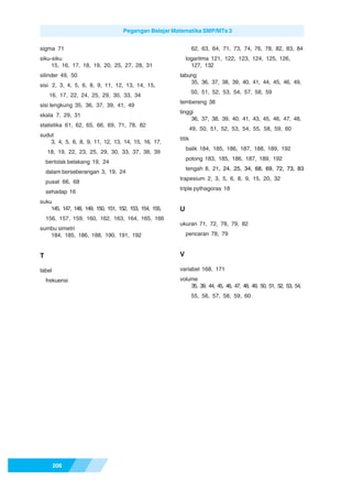 Pegangan Belajar Matematika SMP/MTs 3


sigma 71                                                        62, 63, 64, 71, 73, 74, 76, 78, 82, 83, 84
siku-siku                                                   logaritma 121, 122, 123, 124, 125, 126,
     15, 16, 17, 18, 19, 20, 25, 27, 28, 31                   127, 132
silinder 49, 50                                         tabung
                                                            35, 36, 37, 38, 39, 40, 41, 44, 45, 46, 49,
sisi 2, 3, 4, 5, 6, 8, 9, 11, 12, 13, 14, 15,
                                                                50, 51, 52, 53, 54, 57, 58, 59
     16, 17, 22, 24, 25, 29, 30, 33, 34
                                                        tembereng 38
sisi lengkung 35, 36, 37, 39, 41, 49
                                                        tinggi
skala 7, 29, 31
                                                             36, 37, 38, 39, 40, 41, 43, 45, 46, 47, 48,
statistika 61, 62, 65, 66, 69, 71, 78, 82
                                                                49, 50, 51, 52, 53, 54, 55, 58, 59, 60
sudut
                                                        titik
    3, 4, 5, 6, 8, 9, 11, 12, 13, 14, 15, 16, 17,
                                                            balik 184, 185, 186, 187, 188, 189, 192
    18, 19, 22, 23, 25, 29, 30, 33, 37, 38, 39
                                                            potong 183, 185, 186, 187, 189, 192
    bertolak belakang 19, 24
                                                            tengah 8, 21, 24, 25, 34, 68, 69, 72, 73, 83
    dalam berseberangan 3, 19, 24
                                                        trapesium 2, 3, 5, 6, 8, 9, 15, 20, 32
    pusat 66, 68
                                                        triple pythagoras 18
    sehadap 16
suku
    145, 147, 148, 149, 150, 151, 152, 153, 154, 155,   U
    156, 157, 159, 160, 162, 163, 164, 165, 166
                                                        ukuran 71, 72, 78, 79, 82
sumbu simetri
   184, 185, 186, 188, 190, 191, 192                        pencaran 78, 79


T                                                       V

tabel                                                   variabel 168, 171

    frekuensi                                           volume
                                                            35, 39, 44, 45, 46, 47, 48, 49, 50, 51, 52, 53, 54,
                                                                55, 56, 57, 58, 59, 60




        206
 