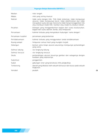 Pegangan Belajar Matematika SMP/MTs 3


Median              : nilai tengah.
Modus               : nilai yang sering muncul.
Noktah              : tidak sama dengan titik. Titik tidak terbentuk, tidak mempunyai
                      ukuran, tidak mempunyai berat, tidak didefinisikan dan tidak
                      merupakan suatu ide saja. Karena itu tidak hanya menggambar titik
                      atau membuat model titik. Gambar atau model itu disebut noktah.
Pecahan             : bilangan yang menggambarkan bagian dari suatu keseluruhan,
                      bagian dari suatu daerah, benda, atau himpunan.
Persamaan           : kalimat terbuka yang menyatakan hubungan “sama dengan”.

Persamaan kuadrat   : persamaan yang berbentuk                  ;              .
Pertidaksamaan      : kalimat terbuka yang menggunakan tanda ketidaksamaan.
Ruang sampel        : himpunan semua hasil yang mungkin terjadi.
Sebangun            : bentuk sama tetapi ukuran-ukurannya mempunyai perbandingan
                      yang sama.
Selimut tabung      : sisi lengkung tabung.
Selimut kerucut     : sisi lengkung kerucut.
Skala               : perbandingan ukuran besarnya gambar dan sebagainya dengan
                      keadaan yang sebenarnya.
Substitusi          : penggantian.
Sudut               : gabungan sinar yang bersekutu titik pangkalnya.
Tembereng           : daerah yang dibatasi oleh sebuah tali busur dan busur pada sebuah
                      lingkaran.
Variabel            : peubah.                                                             axb
                                                                                          a, 2




    208
 