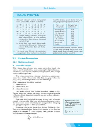 Bab 3 - Statistika



     TUGAS PROYEK
1.   Bilangan-bilangan berikut menyatakan              terakhir bidang studi fisika menurut
     hasil ujian akhir metode statistika:              wilayah geografik pada tahun 1979.
     23 60 79 32 57 74 52 70 82 36
                                                              Wilayah      Banyaknya
     80 77 81 95 41 65 92 85 55 76
                                                              Geografik    Mahasiswa
     52 10 64 75 78 25 80 98 81 67
     41 71 83 54 64 72 88 62 74 43                       New England          524
     60 78 89 76 84 48 84 90 15 79                       Middle Atlantic      818
     34 67 17 82 69 74 63 80 85 61                       E.N. Central         815
     a. Dengan menggunakan 9 selang de-                  W.N. Central         367
        ngan nilai terendah 10, buat sebaran             S. Atlantic          679
        frekuensinya dan sebaran frekuensi               E.S. Central         196
        kumulatifnya!                                    W.S. Central         436
                                                         Mountain             346
     b. Untuk data yang sudah dikelompok-
                                                         Pacific              783
        kan buatlah histogram frekuensi,
        poligon frekuensi, dan ogif freku-             Sajikan data kategorik tersebut dalam
        ensinya!                                       bentuk diagram balok. (Penentuan lebar
2.   The American Physics Association                  balok untuk data kategorik bergantung
     melaporkan data mahasiswa tingkat                 pada keinginan kita sendiri.)




                                                                                       73
 