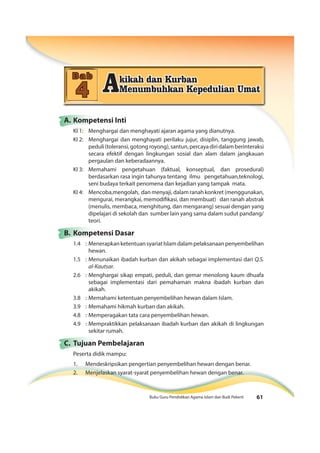 Buku Guru Pendidikan Agama Islam dan Budi Pekerti 61
Akikah dan Kurban
Menumbuhkan Kepedulian Umat
bbaabbBBabaaaBaaabBabaaaabbbbbbaaBB bbB bbbaaBBBB
A. Kompetensi Inti
KI 1: Menghargai dan menghayati ajaran agama yang dianutnya.
KI 2: Menghargai dan menghayati perilaku jujur, disiplin, tanggung jawab,
peduli(toleransi,gotongroyong),santun,percayadiridalamberinteraksi
secara efektif dengan lingkungan sosial dan alam dalam jangkauan
pergaulan dan keberadaannya.
KI 3: Memahami pengetahuan (faktual, konseptual, dan prosedural)
berdasarkan rasa ingin tahunya tentang ilmu pengetahuan,teknologi,
seni budaya terkait penomena dan kejadian yang tampak mata.
KI 4: Mencoba,mengolah, dan menyaji, dalam ranah konkret (menggunakan,
mengurai, merangkai, memodifikasi, dan membuat) dan ranah abstrak
(menulis, membaca, menghitung, dan mengarang) sesuai dengan yang
dipelajari di sekolah dan sumber lain yang sama dalam sudut pandang/
teori.
B. Kompetensi Dasar
1.4 : MenerapkanketentuansyariatIslamdalampelaksanaanpenyembelihan
hewan.
1.5 : Menunaikan ibadah kurban dan akikah sebagai implementasi dari Q.S.
al-Kautsar.
2.6 : Menghargai sikap empati, peduli, dan gemar menolong kaum dhuafa
sebagai implementasi dari pemahaman makna ibadah kurban dan
akikah.
3.8 : Memahami ketentuan penyembelihan hewan dalam Islam.
3.9 : Memahami hikmah kurban dan akikah.
4.8 : Memperagakan tata cara penyembelihan hewan.
4.9 : Mempraktikkan pelaksanaan ibadah kurban dan akikah di lingkungan
sekitar rumah.
C. Tujuan Pembelajaran
Peserta didik mampu:
1. Mendeskripsikan pengertian penyembelihan hewan dengan benar.
2. Menjelaskan syarat-syarat penyembelihan hewan dengan benar.
 