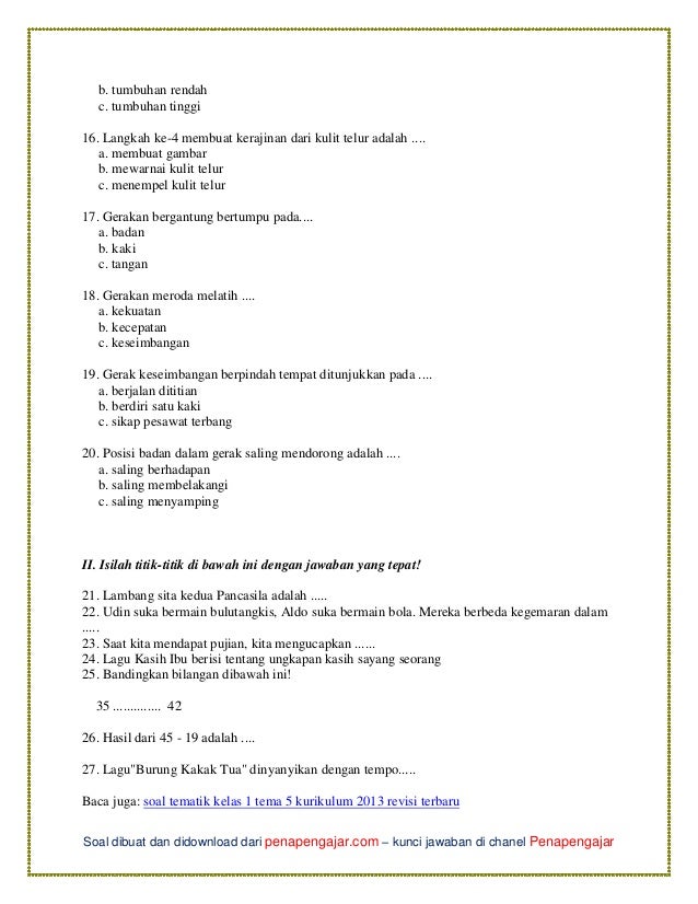 soal tema 5 kelas 1