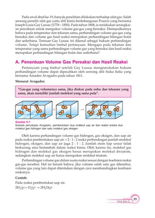 91
Kimia Kelas X
Pada awal abad ke-19, banyak penelitian dilakukan terhadap sifat gas. Salah
seorang peneliti sifat gas yaitu ahli kimia berkebangsaan Prancis yang bernama
Joseph Louis Gay Lussac (1778 – 1850). Pada tahun 1808, ia melakukan serangkai-
an percobaan untuk mengukur volume gas-gas yang bereaksi. Disimpulkannya
bahwa pada temperatur dan tekanan sama, perbandingan volume gas-gas yang
bereaksi dan volume gas hasil reaksi merupakan perbandingan bilangan bulat
dan sederhana. Temuan Gay Lussac ini dikenal sebagai hukum perbandingan
volume. Tetapi kemudian timbul pertanyaan. Mengapa pada tekanan dan
temperatur yang sama perbandingan volume gas yang bereaksi dan hasil reaksi
merupakan perbandingan bilangan bulat dan sederhana?
A. Penentuan Volume Gas Pereaksi dan Hasil Reaksi
Pertanyaan yang timbul setelah Gay Lussac mengemukakan hukum
perbandingan volume dapat dipecahkan oleh seorang ahli fisika Italia yang
bernama Amadeo Avogadro pada tahun 1811.
Menurut Avogadro:
”Gas-gas yang volumenya sama, jika diukur pada suhu dan tekanan yang
sama, akan memiliki jumlah molekul yang sama pula”.
Oleh karena perbandingan volume gas hidrogen, gas oksigen, dan uap air
pada reaksi pembentukan uap air = 2 : 1 : 2 maka perbandingan jumlah molekul
hidrogen, oksigen, dan uap air juga 2 : 1 : 2. Jumlah atom tiap unsur tidak
berkurang atau bertambah dalam reaksi kimia. Oleh karena itu, molekul gas
hidrogen dan molekul gas oksigen harus merupakan molekul dwiatom,
sedangkan molekul uap air harus merupakan molekul triatom.
Perbandingan volume gas dalam suatu reaksi sesuai dengan koefisien reaksi
gas-gas tersebut. Hal ini berarti bahwa, jika volume salah satu gas diketahui,
volume gas yang lain dapat ditentukan dengan cara membandingkan koefisien
reaksinya.
Contoh:
Pada reaksi pembentukan uap air.
2H2
(g) + O2
(g) 2H2
O(g)
Gambar 6.1
Ilustrasi percobaan Avogadro, pembentukan dua molekul uap air dari reaksi antara dua
molekul gas hidrogen dan satu molekul gas oksigen
 