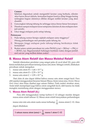 93
Kimia Kelas X
Catatan:
Sebelum digunakan untuk mengambil larutan yang berbeda, silinder
ukur harus dicuci dahulu, kemudian bagian luarnya dilap hingga kering
sedangkan bagian dalamnya dibilas dengan sedikit larutan yang akan
diambil.
2. Guncangkan tabung-tabung itu sehingga isinya benar-benar bercampur.
3. Diamkan sampai endapan turun sempurna (larutan di atas endapan men-
jadi jernih).
4. Ukur tinggi endapan pada setiap tabung.
Pertanyaan
1. Pada tabung nomor berapa sajakah endapan sama tingginya?
Hitung perbandingan mol pereaksi pada tabung itu.
2. Mengapa tinggi endapan pada tabung-tabung berikutnya tidak
bertambah?
3. Reaksi setara untuk percobaan ini yaitu Pb(NO3
)2
(aq) + 2KI(aq) PbI2
(s)
+ 2KNO3
(aq). Bagaimanakah hubungan koefisien reaksi dengan jumlah
mol zat-zat yang terlibat dalam reaksi?
B. Massa Atom Relatif dan Massa Molekul Relatif
Setelah ditemukan peralatan yang sangat peka di awal abad XX, para ahli
kimia melakukan percobaan tentang massa satu atom. Sebagai contoh, dilakukan
percobaan untuk mengukur.
1. massa satu atom H = 1,66 10–24
g
2. massa satu atom O = 2,70 10–23
g
3. massa satu atom C = 1,99 10–23
g
Dari data di atas dapat dilihat bahwa massa satu atom sangat kecil. Para
ahli sepakat menggunakan besaran Satuan Massa Atom (sma) atau Atomic Massa
Unit (amu) atau biasa disebut juga satuan Dalton. Pada materi struktur atom,
Anda telah mempelajari juga bahwa atom sangatlah kecil, oleh karena itu tidak
mungkin menimbang atom dengan menggunakan neraca.
1. Massa Atom Relatif (Ar
)
Para ahli menggunakan isotop karbon C–12 sebagai standar dengan
massa atom relatif sebesar 12. Massa atom relatif menyatakan perbandingan
massa rata-rata satu atom suatu unsur terhadap
1
12
massa atom C–12. Atau
dapat dituliskan:
1 satuan massa atom (amu) =
1
12
massa 1 atom C–12
 