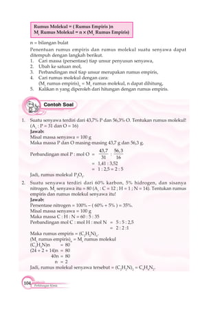 104 Perhitungan Kimia
Rumus Molekul = ( Rumus Empiris )n
Mr
Rumus Molekul = n (Mr
Rumus Empiris)
n = bilangan bulat
Penentuan rumus empiris dan rumus molekul suatu senyawa dapat
ditempuh dengan langkah berikut.
1. Cari massa (persentase) tiap unsur penyusun senyawa,
2. Ubah ke satuan mol,
3. Perbandingan mol tiap unsur merupakan rumus empiris,
4. Cari rumus molekul dengan cara:
(Mr
rumus empiris)n
= Mr
rumus molekul, n dapat dihitung,
5. Kalikan n yang diperoleh dari hitungan dengan rumus empiris.
1. Suatu senyawa terdiri dari 43,7% P dan 56,3% O. Tentukan rumus molekul!
(Ar
: P = 31 dan O = 16)
Jawab:
Misal massa senyawa = 100 g
Maka massa P dan O masing-masing 43,7 g dan 56,3 g.
Perbandingan mol P : mol O =
43,7
31
:
56,3
16
= 1,41 : 3,52
= 1 : 2,5 = 2 : 5
Jadi, rumus molekul P2
O5
.
2. Suatu senyawa terdiri dari 60% karbon, 5% hidrogen, dan sisanya
nitrogen. Mr
senyawa itu = 80 (Ar
: C = 12 ; H = 1 ; N = 14). Tentukan rumus
empiris dan rumus molekul senyawa itu!
Jawab:
Persentase nitrogen = 100% – ( 60% + 5% ) = 35%.
Misal massa senyawa = 100 g
Maka massa C : H : N = 60 : 5 : 35
Perbandingan mol C : mol H : mol N = 5 : 5 : 2,5
= 2 : 2 :1
Maka rumus empiris = (C2
H2
N)n
.
(Mr
rumus empiris)n
= Mr
rumus molekul
(C2
H2
N)n = 80
(24 + 2 + 14)n = 80
40n = 80
n = 2
Jadi, rumus molekul senyawa tersebut = (C2
H2
N)2
= C4
H4
N2
.
 