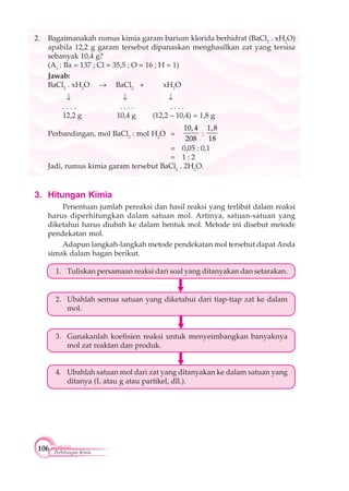 106 Perhitungan Kimia
3. Hitungan Kimia
Penentuan jumlah pereaksi dan hasil reaksi yang terlibat dalam reaksi
harus diperhitungkan dalam satuan mol. Artinya, satuan-satuan yang
diketahui harus diubah ke dalam bentuk mol. Metode ini disebut metode
pendekatan mol.
Adapun langkah-langkah metode pendekatan mol tersebut dapat Anda
simak dalam bagan berikut.
1. Tuliskan persamaan reaksi dari soal yang ditanyakan dan setarakan.
2. Ubahlah semua satuan yang diketahui dari tiap-tiap zat ke dalam
mol.
3. Gunakanlah koefisien reaksi untuk menyeimbangkan banyaknya
mol zat reaktan dan produk.
4. Ubahlah satuan mol dari zat yang ditanyakan ke dalam satuan yang
ditanya (L atau g atau partikel, dll.).
▲
▲
▲
2. Bagaimanakah rumus kimia garam barium klorida berhidrat (BaCl2
. xH2
O)
apabila 12,2 g garam tersebut dipanaskan menghasilkan zat yang tersisa
sebanyak 10,4 g?
(Ar
: Ba = 137 ; Cl = 35,5 ; O = 16 ; H = 1)
Jawab:
BaCl2
. xH2
O BaCl2
+ xH2
O
. . . . . . . . . . . .
12,2 g 10,4 g (12,2 – 10,4) = 1,8 g
Perbandingan, mol BaCl2
: mol H2
O =
10,4
208
:
1,8
18
= 0,05 : 0,1
= 1 : 2
Jadi, rumus kimia garam tersebut BaCl2
. 2H2
O.
 