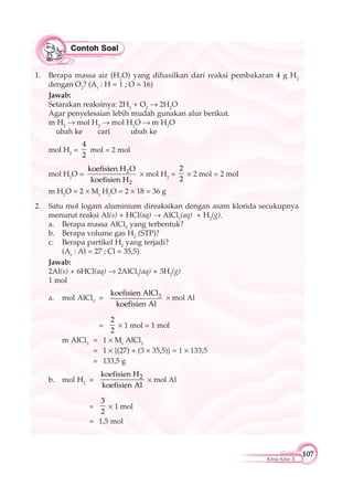 107
Kimia Kelas X
1. Berapa massa air (H2
O) yang dihasilkan dari reaksi pembakaran 4 g H2
dengan O2
? (Ar
: H = 1 ; O = 16)
Jawab:
Setarakan reaksinya: 2H2
+ O2
2H2
O
Agar penyelesaian lebih mudah gunakan alur berikut.
m H2
mol H2
mol H2
O m H2
O
ubah ke cari ubah ke
mol H2
=
4
2
mol = 2 mol
mol H2
O = 2
2
koefisien H O
koefisien H
mol H2
=
2
2
2 mol = 2 mol
m H2
O = 2 Mr
H2
O = 2 18 = 36 g
2. Satu mol logam aluminium direaksikan dengan asam klorida secukupnya
menurut reaksi Al(s) + HCl(aq) AlCl3
(aq) + H2
(g).
a. Berapa massa AlCl3
yang terbentuk?
b. Berapa volume gas H2
(STP)?
c. Berapa partikel H2
yang terjadi?
(Ar
: Al = 27 ; Cl = 35,5)
Jawab:
2Al(s) + 6HCl(aq) 2AlCl3
(aq) + 3H2
(g)
1 mol
a. mol AlCl3
= 3koefisien AlCl
koefisien Al
mol Al
=
2
2
1 mol = 1 mol
m AlCl3
= 1 Mr
AlCl3
= 1 {(27) + (3 35,5)} = 1 133,5
= 133,5 g
b. mol H2
= 2koefisien H
koefisien Al
mol Al
=
3
2
1 mol
= 1,5 mol
 