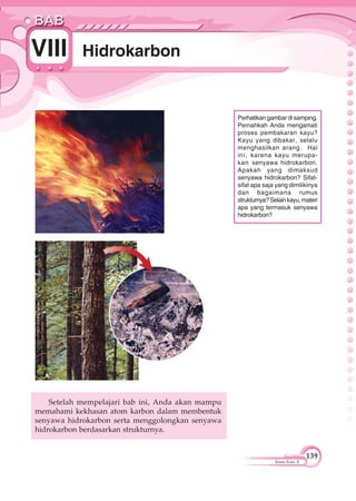 139
Kimia Kelas X
HidrokarbonVIII
Setelah mempelajari bab ini, Anda akan mampu
memahami kekhasan atom karbon dalam membentuk
senyawa hidrokarbon serta menggolongkan senyawa
hidrokarbon berdasarkan strukturnya.
Perhatikan gambar di samping.
Pernahkah Anda mengamati
proses pembakaran kayu?
Kayu yang dibakar, selalu
menghasilkan arang. Hal
ini, karena kayu merupa-
kan senyawa hidrokarbon.
Apakah yang dimaksud
senyawa hidrokarbon? Sifat-
sifat apa saja yang dimilikinya
dan bagaimana rumus
strukturnya?Selainkayu,materi
apa yang termasuk senyawa
hidrokarbon?
 