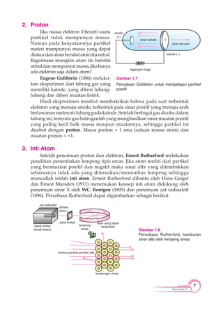 7
Kimia Kelas X
Hasil eksprerimen tersebut membuktikan bahwa pada saat terbentuk
elektron yang menuju anode, terbentuk pula sinar positif yang menuju arah
berlawanan melewati lubang pada katode. Setelah berbagai gas dicoba dalam
tabung ini, ternyata gas hidrogenlah yang menghasilkan sinar muatan positif
yang paling kecil baik massa maupun muatannya, sehingga partikel ini
disebut dengan proton. Massa proton = 1 sma (satuan massa atom) dan
muatan proton = +1.
3. Inti Atom
Setelah penemuan proton dan elektron, Ernest Rutherford melakukan
penelitian penembakan lempeng tipis emas. Jika atom terdiri dari partikel
yang bermuatan positif dan negatif maka sinar alfa yang ditembakkan
seharusnya tidak ada yang diteruskan/menembus lempeng sehingga
muncullah istilah inti atom. Ernest Rutherford dibantu oleh Hans Geiger
dan Ernest Marsden (1911) menemukan konsep inti atom didukung oleh
penemuan sinar X oleh WC. Rontgen (1895) dan penemuan zat radioaktif
(1896). Percobaan Rutherford dapat digambarkan sebagai berikut.
2. Proton
Jika massa elektron 0 berarti suatu
partikel tidak mempunyai massa.
Namun pada kenyataannya partikel
materi mempunyai massa yang dapat
diukurdanatombersifatatomitunetral.
Bagaimana mungkin atom itu bersifat
netraldanmempunyaimassa,jikahanya
ada elektron saja dalam atom?
Eugene Goldstein (1886) melaku-
kan eksperimen dari tabung gas yang
memiliki katode, yang diberi lubang-
lubang dan diberi muatan listrik.
Gambar 1.8
Percobaan Rutherford, hamburan
sinar alfa oleh lempeng emas
balok timbal
(timah hitam)
zat radioaktif
berkas
sinar
pelat timbal
lempeng
emas
layar yang dapat
berpendar
berkas partikel-partikel alfa
lempengan emas
➩
Gambar 1.7
Percobaan Goldstein untuk mempelajari partikel
positif
katode (–)
anode
(+)
tegangan tinggi
sinar terusan
sinar katode
 
