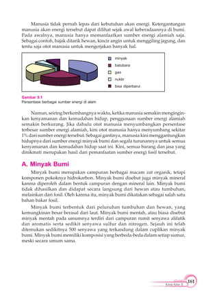 161
Kimia Kelas X
Namun, seiring berkembangnya waktu, ketika manusia semakin mengingin-
kan kenyamanan dan kemudahan hidup, penggunaan sumber energi alamiah
semakin berkurang. Jika dahulu otot manusia menyumbangkan persentase
terbesar sumber energi alamiah, kini otot manusia hanya menyumbang sekitar
1% dari sumber energi tersebut. Sebagai gantinya, manusia kini menggantungkan
hidupnya dari sumber energi minyak bumi dan segala turunannya untuk semua
kenyamanan dan kemudahan hidup saat ini. Kini, semua barang dan jasa yang
dinikmati merupakan hasil dari pemanfaatan sumber energi fosil tersebut.
A. Minyak Bumi
Minyak bumi merupakan campuran berbagai macam zat organik, tetapi
komponen pokoknya hidrokarbon. Minyak bumi disebut juga minyak mineral
karena diperoleh dalam bentuk campuran dengan mineral lain. Minyak bumi
tidak dihasilkan dan didapat secara langsung dari hewan atau tumbuhan,
melainkan dari fosil. Oleh karena itu, minyak bumi dikatakan sebagai salah satu
bahan bakar fosil.
Minyak bumi terbentuk dari peluruhan tumbuhan dan hewan, yang
kemungkinan besar berasal dari laut. Minyak bumi mentah, atau biasa disebut
minyak mentah pada umumnya terdiri dari campuran rumit senyawa alifatik
dan aromatis serta sedikit senyawa sulfur dan nitrogen. Sejauh ini telah
ditemukan sedikitnya 500 senyawa yang terkandung dalam cuplikan minyak
bumi. Minyak bumi memiliki komposisi yang berbeda-beda dalam setiap sumur,
meski secara umum sama.
Manusia tidak pernah lepas dari kebutuhan akan energi. Ketergantungan
manusia akan energi tersebut dapat dilihat sejak awal keberadaannya di bumi.
Pada awalnya, manusia hanya memanfaatkan sumber energi alamiah saja.
Sebagai contoh, bajak ditarik hewan, kincir angin untuk menggiling jagung, dan
tentu saja otot manusia untuk mengerjakan banyak hal.
Gambar 9.1
Persentase berbagai sumber energi di alam
minyak
batubara
gas
nuklir
bisa diperbarui
 