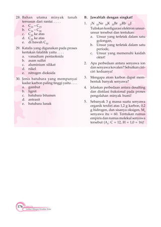 176
Latihan Ulangan Kenaikan Kelas
28. Bahan utama minyak tanah
tersusun dari rantai . . . .
a. C10 – C15
b. C16 – C20
c. C20 ke atas
d. C25 ke atas
e. di bawah C10
29. Katalis yang digunakan pada proses
kertakan fatalitik yaitu . . . .
a. vanadium pentaoksida
b. asam sulfat
c. aluminium silikat
d. nikel
e. nitrogen dioksida
30. Jenis batubara yang mempunyai
kadar karbon paling tinggi yaitu . . . .
a. gambut
b. lignit
c. batubara bitumen
d. antrasit
e. batubara lunak
B. Jawablah dengan singkat!
1. 7N 10Ne 19K 35Br 37Rb 53I
Tuliskan konfigurasi elektron unsur-
unsur tersebut dan tentukan:
a. Unsur yang terletak dalam satu
golongan,
b. Unsur yang terletak dalam satu
periode,
c. Unsur yang memenuhi kaidah
oktet!
2. Apa perbedaan antara senyawa ion
dan senyawa kovalen? Sebutkan ciri-
ciri keduanya!
3. Mengapa atom karbon dapat mem-
bentuk banyak senyawa?
4. Jelaskan perbedaan antara desalting
dan distilasi fraksional pada proses
pengolahan minyak bumi!
5. Sebanyak 3 g massa suatu senyawa
organik terdiri atas 1,2 g karbon, 0,2
g hidrogen, dan sisanya oksigen. Mr
senyawa itu = 60. Tentukan rumus
empiris dan rumus molekul senyawa
tersebut (Ar: C = 12, H = 1,0 = 16)!
 
