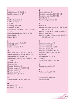 181
Kimia Kelas X
J
Jari-jari atom, 27–28, 32, 36
Jumlah elektron, 25–27
K
Kaidah duplet, 39, 41
Kaidah oktet, 39, 42
Kisi, 40
Knocking, 164, 168
Koefisien, 64, 65
Konfigurasi elektron, 12–13, 15, 17–18,
20, 25
Konfigurasi elektron, 25–32, 34, 35
Konsentrasi, 130
Kristal 40, 46
L
Lambang unsur, 10, 15, 18
Lantanida, 24
Lautan elektron, 45–46
M
Masa atom, 20–23, 26–27, 31, 33, 34
Massa atom relatif, 93–94, 96, 98, 116
Massa molar, 90, 98–99, 114
Massa molekul relatif, 93, 95–96, 98, 114–
116
Migrasi, 127, 129
Molaritas, 102
Molekul dwiatom, 91
Molekul senyawa, 95, 103–104
Molekul triatom, 91
Molekul unsur, 95
Momen dipol, 43–44, 48
N
Nonelektrolit, 126–127, 130, 136
O
Oksidasi, 152
Oksidasi 152, 154, 155
P
Panjang ikatan, 42
Pereaksi pembatas, 109, 110, 112
Pereaksi pembatas, 109, 114
Periode, 23–36
Persamaan gas ideal, 100
R
Radiasi, 8
Rumus empiris, 57–58, 62, 64, 66, 69,
90, 102, 103, 104
Rumus kimia, 56, 57, 59–60, 62, 64–70
Rumus lewis, 41, 43
Rumus molekul, 57–58, 62, 64, 66, 68, 69,
90, 102–104, 116
S
Satuan massa atom, 93
Senyawa asam, 62, 65
Senyawa biner, 59–60, 62
Senyawa hidrat, 62
Senyawa isoalkana, 162, 164
Senyawa sikloalkana, 160, 162
Sinar alfa, 7
Sinar katode, 2, 5, 6, 16
Solid, 65
Substituen, 144–145, 147, 152
T
Tetapan Avogadro, 96
V
Volume molar, 99, 114
Z
Zat elektrolit, 129, 138
Zat radioaktif, 7
 