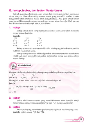 11
Kimia Kelas X
E. Isotop, Isobar, dan Isoton Suatu Unsur
Setelah penulisan lambang atom unsur dan penemuan partikel penyusun
atom, ternyata ditemukan adanya unsur-unsur yang memiliki jumlah proton
yang sama tetapi memiliki massa atom yang berbeda. Ada pula unsur-unsur
yang memiliki massa atom yang sama tetapi nomor atom berbeda. Oleh karena
itu, dikenallah istilah isotop, isoton, dan isobar.
1. Isotop
Isotop adalah atom yang mempunyai nomor atom sama tetapi memiliki
nomor massa berbeda.
Contoh:
13
7
N 14
7
N 15
7
N
p = 7 p = 7 p = 7
e = 7 e = 7 e = 7
n = 6 n = 7 n = 8
Setiap isotop satu unsur memiliki sifat kimia yang sama karena jumlah
elektron valensinya sama.
Isotop-isotop unsur ini dapat digunakan untuk menentukan massa atom
relatif (Ar
) atom tersebut berdasarkan kelimpahan isotop dan massa atom
semua isotop.
Oksigen di alam terdiri dari tiga isotop dengan kelimpahan sebagai berikut.
16
8
O 1 7
8
O 1 8
8
O
(99,76%) (0,04%) (0,20%)
Hitunglah massa atom rata-rata (Ar
) dari unsur oksigen ini.
Jawab:
Ar
=
(99,76 ×16) + (0,04 ×17) + (0,20 ×18)
100
= 15,999
Ar
16
2. Isobar
Isobar adalah unsur-unsur yang memiliki nomor atom berbeda tetapi
nomor massa sama. Sehingga antara 13
6
C dan 13
7
N merupakan isobar.
3. Isoton
Atom-atom yang berbeda tetapi mempunyai jumlah neutron yang sama.
Contoh: isoton antara 15
8
O dan 14
7
N.
 