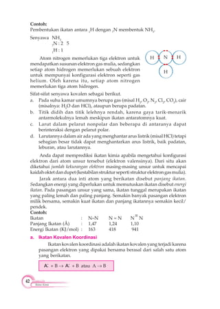 42
Ikatan Kimia
Sifat-sifat senyawa kovalen sebagai berikut.
a. Pada suhu kamar umumnya berupa gas (misal H2
, O2
, N2
, Cl2
, CO2
), cair
(misalnya: H2
O dan HCl), ataupun berupa padatan.
b. Titik didih dan titik lelehnya rendah, karena gaya tarik-menarik
antarmolekulnya lemah meskipun ikatan antaratomnya kuat.
c. Larut dalam pelarut nonpolar dan beberapa di antaranya dapat
berinteraksi dengan pelarut polar.
d. Larutannya dalam air ada yang menghantar arus listrik (misal HCl) tetapi
sebagian besar tidak dapat menghantarkan arus listrik, baik padatan,
leburan, atau larutannya.
Anda dapat memprediksi ikatan kimia apabila mengetahui konfigurasi
elektron dari atom unsur tersebut (elektron valensinya). Dari situ akan
diketahui jumlah kekurangan elektron masing-masing unsur untuk mencapai
kaidahoktetdandupet(kestabilanstruktursepertistrukturelektrongasmulia).
Jarak antara dua inti atom yang berikatan disebut panjang ikatan.
Sedangkan energi yang diperlukan untuk memutuskan ikatan disebut energi
ikatan. Pada pasangan unsur yang sama, ikatan tunggal merupakan ikatan
yang paling lemah dan paling panjang. Semakin banyak pasangan elektron
milik bersama, semakin kuat ikatan dan panjang ikatannya semakin kecil/
pendek.
Contoh:
Ikatan : N–N N = N N N
Panjang Ikatan (Å) : 1,47 1,24 1,10
Energi Ikatan (KJ/mol) : 163 418 941
a. Ikatan Kovalen Koordinasi
Ikatan kovalen koordinasi adalah ikatan kovalen yang terjadi karena
pasangan elektron yang dipakai bersama berasal dari salah satu atom
yang berikatan.
*
*A + B *
*A + B atau A B
Senyawa NH3
7
N : 2 5
1
H : 1
Atom nitrogen memerlukan tiga elektron untuk
mendapatkan susunan elektron gas mulia, sedangkan
setiap atom hidrogen memerlukan sebuah elektron
untuk mempunyai konfigurasi elektron seperti gas
helium. Oleh karena itu, setiap atom nitrogen
memerlukan tiga atom hidrogen.
Contoh:
Pembentukan ikatan antara 1
H dengan 7
N membentuk NH3
.
___
H N H
H
 