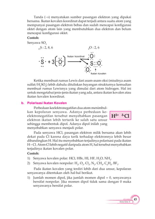 43
Kimia Kelas X
Tanda ( ) menyatakan sumber pasangan elektron yang dipakai
bersama. Ikatan kovalen koordinat dapat terjadi antara suatu atom yang
mempunyai pasangan elektron bebas dan sudah mencapai konfigurasi
oktet dengan atom lain yang membutuhkan dua elektron dan belum
mencapai konfigurasi oktet.
Contoh:
Senyawa SO3
15
S : 2, 8, 6 8
O : 2, 6
Ketika membuat rumus Lewis dari asam-asam oksi (misalnya asam
sulfat/H2
SO4
) lebih dahulu dituliskan bayangan strukturnya kemudian
membuat rumus Lewisnya yang dimulai dari atom hidrogen. Hal ini
untuk mengetahui jenis-jenis ikatan yang ada, antara ikatan kovalen atau
ikatan kovalen koordinat.
b. Polarisasi Ikatan Kovalen
Perbedaan keelektronegatifan dua atom menimbul-
kan kepolaran senyawa. Adanya perbedaan ke-
elektronegatifan tersebut menyebabkan pasangan
elektron ikatan lebih tertarik ke salah satu unsur
sehingga membentuk dipol. Adanya dipol inilah yang
menyebabkan senyawa menjadi polar.
Pada senyawa HCl, pasangan elektron milik bersama akan lebih
dekat pada Cl karena daya tarik terhadap elektronnya lebih besar
dibandingkan H. Hal itu menyebabkan terjadinya polarisasi pada ikatan
H – Cl. Atom Cl lebih negatif daripada atom H, hal tersebut menyebabkan
terjadinya ikatan kovalen polar.
Contoh:
1) Senyawa kovalen polar: HCl, HBr, HI, HF, H2
O, NH3
.
2) Senyawa kovalen nonpolar: H2
, O2
, Cl2
, N2
, CH4
, C6
H6
, BF3
.
Pada ikatan kovalen yang terdiri lebih dari dua unsur, kepolaran
senyawanya ditentukan oleh hal-hal berikut.
1) Jumlah momen dipol, jika jumlah momen dipol = 0, senyawanya
bersifat nonpolar. Jika momen dipol tidak sama dengan 0 maka
senyawanya bersifat polar.
H + -
Cl
Ikatan kovalen
Ikatan koordinat
▲
 