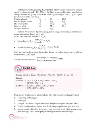 76
Hukum Dasar Kimia
Pada kasus ini oksigen yang dicampurkan tidak bereaksi semuanya, oksigen
masih bersisa sebanyak ( 40 – 32 ) g = 8 g. Nah, sekarang kita akan menghitung
berapa massa air yang terbentuk dari 4 g hidrogen dan 32 g oksigen.
Jawabannya tentu saja 36 g.
Ditulis sebagai H2 + O2 H2O
Perbandingan massa 1 g 8 g 9 g
Jika awal reaksi 4 g 40 g . . . g
Yang bereaksi 4 g 32 g 36 g
Oksigen bersisa = 8 g
Hukum Proust dapat dijabarkan lagi, dalam rangka menentukan kadar unsur
atau massa unsur dalam senyawa.
Secara umum untuk senyawa : AmBn
• %A dalam AmBn =
r
m n
r m n
mxA A
x%A B
M A B
• Massa B dalam AmBn =
r
m n
r m n
nxA B
x massa A B
M A B
Oleh karena itu dapat juga diturunkan kadar zat dalam campuran, cuplikan,
atau mineral, atau bijih.
% zat dalam campuran =
Banyaknya zat tersebut
x %
Banyaknya campuran
100
Berapa kadar C dalam 50 g CaCO3 ? (Ar: C = 12; O= 16; Ca=40)
Jawab:
Massa C = (Ar C / Mr CaCO3) x massa CaCO3
= 12/100 x 50 g = 6 g
Kadar C = massa C / massa CaCO3 x 100%
= 6/50 x 100 % = 12%
Dari uraian di atas dapat disimpulkan sifat-sifat senyawa sebagai berikut.
1. Tergolong zat tunggal.
2. Homogen.
3. Dengan cara kimia dapat diuraikan menjadi dua jenis zat atau lebih.
4. Terdiri dari dua jenis unsur atau lebih dengan perbandingan tertentu.
5. Mempunyai sifat-sifat tertentu yang berbeda dari sifat unsur-unsur
penyusunnya (sifat unsur penyusun senyawa tidak tampak lagi).
 