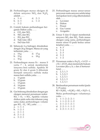 87
Kimia Kelas X
20. Perbandingan massa oksigen di
dalam senyawa NO2 dan N4O6
adalah . . . .
a. 3 : 4 d. 2 : 3
b. 4 : 3 e. 1 : 2
c. 3 : 2
21. Contoh hukum perbandingan ber-
ganda Dalton yaitu . . . .
a. CO2
dan NO2
b. NO3
dan SO3
c. PO3
dan PO4
d. NaCl dan AlCl
e. FeO dan FeS
22. Sebanyak 4 g hidrogen direaksikan
dengan 24 g oksigen. Massa air yang
terbentuk yaitu . . . .
a. 14 g d. 17 g
b. 15 g e. 18 g
c. 16 g
23. Perbandingan massa Fe : massa S
yaitu 7 : 4, untuk membentuk
senyawa besi sulfida. Apabila 30
gram Fe dan 4 gram S dibentuk
menjadi senyawa sulfida maka
massa besi sulfida yaitu . . . .
a. 11 gram
b. 12 gram
c. 13 gram
d. 14 gram
e. 15 gram
24. Gas belerang direaksikan dengan gas
oksigen menurut persamaan reaksi:
SO2
+ O2
SO3
. Apabila volume
diukur pada suhu dan tekanan yang
sama maka perbandingan volume
gas SO2
: O2
: SO3
yaitu . . . .
a. 1 : 1 : 1
b. 1 : 2 : 1
c. 2 : 1 : 1
d. 2 : 1 : 2
e. 3 : 2 : 1
25. Perbandingan massa unsur-unsur
penyusun suatu senyawa selalu tetap
merupakan teori yang dikemukakan
oleh . . . .
a. Lavoisier
b. Dalton
c. Proust
d. Gay Lussac
e. Avogadro
26. Unsur S dan O dapat membentuk
senyawa SO3 dan SO4. Pada massa
oksigen yang sama, perbandingan
massa unsur O pada kedua unsur
tersebut yaitu . . . .
a. 4 : 3
b. 3 : 4
c. 2 : 3
d. 3 : 2
e. 1 : 2
27. Persamaan reaksi a Fe2O3 + b CO
c Fe + d CO2 akan memenuhi hukum
Lavoisier jika a, b, c dan d berturut-
turut . . . .
a. 2, 3, 1, 3
b. 1, 3, 2, 3
c. 1, 2, 3, 1
d. 3, 2, 1, 3
e. 1, 2, 3, 1
28. Berdasarkan persamaan reaksi (pada
T, P) sama:
KI + H2
SO4
K2
SO4
+ SO2
+ H2
O + I2
Maka perbandingan volumenya
yaitu . . . .
a. 1 : 1 : 2 : 2 : 2 : 1
b. 1 : 1 : 2 : 2 : 1 : 2
c. 2 : 1 : 2 : 1 : 2 : 1
d. 2 : 2 : 1 : 1 : 1 : 2
e. 2 : 2 : 1 : 1 : 2 : 1
 