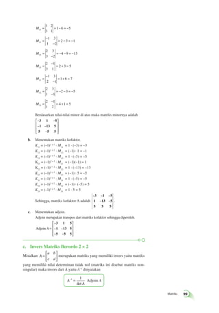 Matriks 99 
M13 
1 2 
3 1 
= = 1− 6 = −5 
M21 
− 
1 3 
1 2 
= 2 3 1 
− 
= − = − 
M22 
2 3 
3 2 
= 4 9 13 
− 
= − − = − 
M23 
− 
2 1 
3 1 
= = 2 + 3 = 
5 
M31 
− 
1 3 
2 1 
= 1 6 7 
− 
= + = 
M32 
2 3 
1 1 
= 2 3 5 
− 
= − − = − 
M33 
− 
2 1 
1 2 
= = 4 + 1 = 
5 
Berdasarkan nilai-nilai minor di atas maka matriks minornya adalah 
– – 
– – 
3 1 5 
1 13 5 
5 – 
5 5 
 
 
 
 
 
 
b. Menentukan matriks kofaktor. 
K11 = (–1)1 + 1 · M11 = 1 · (–3) = –3 
K12 = (–1)1 + 2 · M12 = (–1) · 1 = –1 
K13 = (–1)1 + 3 · M13 = 1 · (–5) = –5 
K21 = (–1)2 + 1 · M21 = (–1)(–1) = 1 
K22 = (–1)2 + 2 · M22 = 1 · (–13) = –13 
K23 = (–1)2 + 3 · M23 = (–1) · 5 = –5 
K31 = (–1)3 + 1 · M31 = 1 · (–5) = –5 
K32 = (–1)3 + 2 · M32 = (–1) · (–5) = 5 
K33 = (–1)3 + 3 · M33 = 1 · 5 = 5 
Sehingga, matriks kofaktor A adalah 
3 1 5 
1 13 5 
5 5 5 
– – – 
– – 
é 
êêêê 
ë 
ù 
úúúú. 
û 
c. Menentukan adjoin. 
Adjoin merupakan transpos dari matriks kofaktor sehingga diperoleh. 
Adjoin A = 
 
 
 
 
 
 
3 1 5 
1 13 5 
5 5 5 
– 
– – 
– – 
c. Invers Matriks Berordo 2 × 2 
Misalkan A 
a b 
c d 
= 
 
  
 
  merupakan matriks yang memiliki invers yaitu matriks 
yang memiliki nilai determinan tidak nol (matriks ini disebut matriks non-singular) 
maka invers dari A yaitu A–1 dinyatakan 
A 
A 
−1 = 1 
det 
Adjoin A 
 