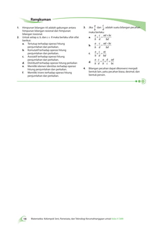 Rangkuman 
1. Himpunan bilangan riil adalah gabungan antara 
himpunan bilangan rasional dan himpunan 
bilangan irasional. 
2. Untuk setiap a, b, dan c ∈ R maka berlaku sifat-sifat 
berikut: 
a. Tertutup terhadap operasi hitung 
penjumlahan dan perkalian. 
b. Komutatif terhadap operasi hitung 
penjumlahan dan perkalian. 
c. Asosiatif terhadap operasi hitung 
penjumlahan dan perkalian. 
d. Distributif terhadap operasi hitung perkalian 
e. Memiliki elemen identitas terhadap operasi 
hitung penjumlahan dan perkalian. 
f. Memiliki invers terhadap operasi hitung 
penjumlahan dan perkalian. 
3. Jika 
a 
b 
dan 
c 
d 
adalah suatu bilangan pecahan 
maka berlaku: 
a. 
a 
b 
+ = + 
c 
d 
ad bc 
bd 
b. 
a 
b 
− = − 
c 
d 
ad bc 
bd 
c. 
a 
b 
c 
d 
ac 
bd 
× = 
d. 
a 
b 
c 
d 
a 
b 
d 
c 
ad 
bc 
: = × = 
4. Bilangan pecahan dapat dikonversi menjadi 
bentuk lain, yaitu pecahan biasa, desimal, dan 
bentuk persen. 
14 Matematika Kelompok Seni, Pariwisata, dan Teknologi Kerumahtanggaan untuk Kelas X SMK 
 