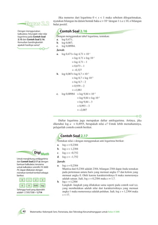 42 Matematika Kelompok Seni, Pariwisata, dan Teknologi Kerumahtanggaan untuk Kelas X SMK Jika numerus dari logaritma 0 < x < 1 maka sebelum dilogaritmakan, 
nyatakan bilangan itu dalam bentuk baku a × 10–n dengan 1 ≤ a ≤ 10, n bilangan 
bulat positif. 
Contoh Soal 2.16 
Dengan menggunakan tabel logaritma, tentukan: 
a. log 0,471; 
b. log 0,087; 
c. log 0,00984. 
Jawab: 
a. log 0,471= log 4,71 × 10–1 
= log 4,71 + log 10–1 
= log 4,71 – 1 
= 0,673 – 1 
= –0,327 
b. log 0,087= log 8,7 × 10–2 
= log 8,7 + log 10–2 
= log 8,7 – 2 
= 0,939 – 2 
= –1,061 
c. log 0,00984 = log 9,84 × 10–3 
= log 9,84 + log 10–3 
= log 9,84 – 3 
= 0,993 – 3 
= –2,007 
Daftar logaritma juga merupakan daftar antilogaritma. Artinya, jika 
diketahui log a = 0,4955, berapakah nilai a? Untuk lebih memahaminya, 
pelajarilah contoh-contoh berikut. 
Tugas 2.2 
Dengan menggunakan 
kalkulator, hitunglah nilai-nilai 
logaritma pada Contoh Soal 
2.15 dan Contoh Soal 2.16. 
Kemudian bandingkanlah 
apakah hasilnya sama? 
Contoh Soal 2.17 
Tentukan nilai x dengan menggunakan anti logaritma berikut: 
a. log x = 0,2304 
b. log x = 1,2304 
c. log x = –0,752 
d. log x = –1,752 
Jawab: 
a. log x = 0,2304 
Mantisa dari 0,2304 adalah 2304, bilangan 2304 dapat Anda temukan 
pada pertemuan antara baris yang memuat angka 17 dan kolom yang 
memuat angka 0. Oleh karena karakteristiknya 0 maka numerusnya 
adalah satuan. Jadi, log x = 0,2304 maka x = 1,7. 
b. log x = 1,2304 
Langkah -langkah yang dilakukan sama seperti pada contoh soal (a), 
yang membedakan adalah nilai dari karakteristiknya yang memuat 
angka 1 maka numerusnya adalah puluhan. Jadi, log x = 1,2304 maka 
x = 17. 
DigiMath 
Untuk menghitung antilpgaritma 
dari Contoh Soal 2.17 (a) dengan 
bantuan kalkulator, terutama 
untuk kalkulator scientific FX-3600 
PV, dapat dilakukan dengan 
menekan tombol-tombol sebagai 
berikut. 
0 • 2 3 
0 4 Shift log 
Sehingga hasil yang diperoleh 
adalah 1,73957308 ≈ 1,714 
 