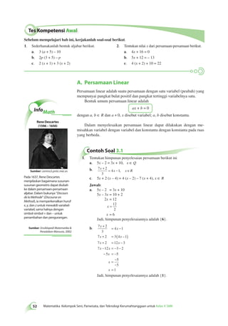 Tes Kompetensi Awal 
Sebelum mempelajari bab ini, kerjakanlah soal-soal berikut. 
1. Sederhanakanlah bentuk aljabar berikut. 
A. Persamaan Linear 
52 Matematika Kelompok Seni, Pariwisata, dan Teknologi Kerumahtanggaan untuk Kelas X SMK Persamaan linear adalah suatu persamaan dengan satu variabel (peubah) yang 
mempunyai pangkat bulat positif dan pangkat tertinggi variabelnya satu. 
Bentuk umum persamaan linear adalah 
ax + b = 0 
dengan a, b ∈ R dan a ≠ 0, x disebut variabel; a, b disebut konstanta. 
Dalam menyelesaikan persamaan linear dapat dilakukan dengan me­misahkan 
variabel dengan variabel dan konstanta dengan konstanta pada ruas 
yang berbeda. 
a. 3 (a + 5) – 10 
b. 2p (3 + 5) – p 
c. 2 (x + 1) + 3 (x + 2) 
2. Tentukan nilai x dari persamaan-persamaan berikut. 
a. 4x + 16 = 0 
b. 5x + 12 = – 13 
c. 4 (x + 2) + 10 = 22 
Contoh Soal 3.1 
1. Tentukan himpunan penyelesaian persamaan berikut ini 
a. 5x – 2 = 3x + 10, x ∈ Q 
b. 7 2 
+ = − ∈ , 
3 
4 1 
x 
x x R 
c. 5x + 2 (x – 4) = 4 (x – 2) – 7 (x + 4), x ∈ R 
Jawab: 
a. 5x – 2 = 3x + 10 
5x – 3x = 10 + 2 
2x = 12 
x = 12 
2 
x = 6 
Jadi, himpunan penyelesaiannya adalah {6}. 
+ = − 
+ = ( ) 
+ = − 
− = − − 
− = − 
b. 7 2 
3 
4 1 
7 2 3 4 1 
7 2 12 3 
7 12 3 2 
5 5 
5 
5 
1 
x 
x 
x x 
x x 
x x 
x 
x 
x 
= − 
− 
= 
– 
Jadi, himpunan penyelesaiannya adalah {1}. 
InfoMath 
Rene Descartes 
(1596 – 1650) 
Sumber: centros5.pntic.mec.es 
Pada 1637, Rene Descartes 
menjelaskan bagaimana susunan-susunan 
geometris dapat diubah 
ke dalam persamaan-persamaan 
aljabar. Dalam bukunya "Discours 
de la Methode" (Discourse on 
Method), ia memperkenalkan huruf 
x, y, dan z untuk mewakili variabel-variabel, 
sama halnya dengan 
simbol-simbol + dan – untuk 
penambahan dan pengurangan. 
Sumber: Ensiklopedi Matematika & 
Peradaban Manusia, 2002 
 