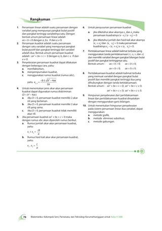 76 Matematika Kelompok Seni, Pariwisata, dan Teknologi Kerumahtanggaan untuk Kelas X SMK Rangkuman 
1. Persamaan linear adalah suatu persamaan dengan 
variabel yang mempunyai pangkat bulat positif 
dan pangkat tertinggi variabelnya satu. Dengan 
bentuk umum persamaan linear adalah 
ax + b = 0 dengan a, b∈ R dan a ≠ 0. 
2. Persamaan kuadrat adalah suatu persamaan 
dengan satu variabel yang mempunyai pangkat 
bulat positif dan pangkat tertinggi dari variabel 
adalah dua. Bentuk umum persamaan kuadrat 
adalah : ax2 + bx + c = 0 dengan a, b, dan c ∈ R dan 
a ≠ 0. 
3. Penyelesaian persamaan kuadrat dapat dilakukan 
dengan beberapa cara, yaitu: 
a. memfaktorkan, 
b. menyempurnakan kuadrat, 
c. menggunakan rumus kuadrat (rumus abc), 
yaitu x 
– – = ± 
2 4 
b b ac 
1 , 2 2 
a 
. 
4. Untuk menentukan jenis akar-akar persamaan 
kuadrat dapat digunakan rumus diskriminan 
(D = b2 – 4ac) 
a. Jika D  0, persamaan kuadrat memiliki 2 akar 
riil yang berlainan. 
b. Jika D = 0, persamaan kuadrat memiliki 2 akar 
rill yang sama. 
c. Jika D  0, persamaan kuadrat tidak memiliki 
akar rill. 
5. Jika persamaan kuadrat ax2 + bx + c = 0 maka 
dengan rumus abc akan diperoleh rumus berikut. 
a. Rumus jumlah akar-akar persamaan kuadrat, 
yaitu: 
x1 + x2 = 
–b 
a 
b. Rumus hasil kali akar-akar persamaan kuadrat, 
yaitu: 
x1 . x2 = 
c 
a 
6. Untuk penyusunan persamaan kuadrat 
a. jika diketahui akar-akarnya x1 dan x2 maka 
persamaan kuadratnya (x - x1) (x - x2) = 0 
b. jika diketahui jumlah dan hasil kali akar-akarnya 
(x1 + x2) dan (x1 · x2) = 0 maka persamaan 
kuadratnya x2 – (x1 + x2) x + (x1 · x2) = 0. 
7. Pertidaksamaan linear adalah kalimat terbuka yang 
menggunakan tanda pertidaksamaan (, ≤, , dan ≥) 
dan memiliki variabel dengan pangkat bilangan bulat 
positif dan pangkat tertingginya satu. 
Bentuk umum : ax + b  0; ax + b ≥ 0; 
ax + b  0; ax + b ≤ 0. 
8. Pertidaksamaan kuadrat adalah kalimat terbuka 
yang memuat variabel dengan pangkat bulat 
positif dan memiliki pangkat tertinggi dua yang 
dihubungkan dengan tanda ketidaksamaan. 
Bentuk umum : ax2 + bx + c  0; ax2 + bx + c ≥ 0; 
ax2 + bx + c  0; ax2 + bx + c ≤ 0. 
9. Himpunan penyelesaian dari pertidaksamaan 
linear dan pertidaksamaan kuadrat dinyatakan 
dengan menggunakan garis bilangan. 
10. Untuk menentukan himpunan penyelesaian 
pada sistem persamaan linear dua variabel, dapat 
menggunakan: 
a. metode grafik, 
b. metode eliminasi substitusi, 
c. metode gabungan. 
 