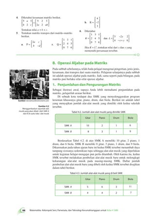  
 
 
 
 
 
B. Operasi Aljabar pada Matriks 
88 Matematika Kelompok Seni, Pariwisata, dan Teknologi Kerumahtanggaan untuk Kelas X SMK Pada subbab sebelumnya, telah Anda pelajari mengenai pengertian, jenis-jenis, 
kesamaan, dan transpos dari suatu matriks. Pelajaran selanjutnya pada subbab 
ini adalah operasi aljabar pada matriks. Jadi, sama seperti pada bilangan, pada 
matriks pun berlaku sifat-sifat operasi aljabar. 
1. Penjumlahan dan Pengurangan Matriks 
Sebagai ilustrasi awal, supaya Anda lebih memahami penjumlahan pada 
matriks, pelajarilah uraian berikut. 
Di sebuah kota terdapat dua SMK yang menyelenggarakan program 
kesenian khususnya gitar, piano, drum, dan biola. Berikut ini adalah tabel 
yang menyajikan jumlah alat-alat musik yang dimiliki oleh kedua sekolah 
tersebut. 
Berdasarkan Tabel 4.2. di atas SMK A memiliki 10 gitar, 2 piano, 1 
drum, dan 6 biola. SMK B memiliki 8 gitar, 3 piano, 1 drum, dan 9 biola. 
Dikarenakan pada tahun ajaran baru ini kedua SMK tersebut menambah daya 
tampung siswanya sedemikian rupa sehingga alat-alat musik yang diperlukan 
untuk kegiatan belajar-mengajar pun perlu ditambah. Oleh karena itu, kedua 
SMK tersebut melakukan pembelian alat-alat musik baru untuk melengkapi 
kekurangan alat-alat musik pada masing-masing SMK. Daftar jumlah 
pembelian alat-alat musik baru yang dibeli oleh kedua SMK tersebut disajikan 
dalam tabel berikut. 
Sumber: duniamusikinstrument.com 
Gambar 4.2 
Menggambarkan sejumlah alat 
musik yang akan dibeli oleh SMK A 
dan B di suatu toko alat musik 
Gitar Piano Drum Biola 
SMK A 
SMK B 
10 
8 
2 
3 
1 
1 
6 
9 
Tabel 4.2. Jumlah alat-alat musik yang dimiliki SMK 
Gitar Piano Drum Biola 
SMK A 
SMK B 
5 
4 
6 
4 
3 
2 
11 
7 
Tabel 4.3. Jumlah alat-alat musik yang di beli SMK 
4. Diketahui kesamaan matriks berikut. 
5 3 
2 
5 2 3 
2 2 
a 
b c a ab 
 
  
 
  
= 
 
  
 
  
Tentukan nilai a + b + c. 
5. Tentukan matriks transpos dari matriks-matriks 
berikut. 
a. P = 
2a c 
b −d 
 
  
 
  
c. Q = 
1 3 1 
2 4 5 
0 7 6 
 
 
 
 
b. R = 
4 
2 
3 
− 
 
 
 
 
6. Diketahui 
K L 
x 
x y 
= 
 
 
 
 
= 
− 
− + 
 
  
 
  
1 3 1 
2 4 5 
0 7 6 
3 2 2 
4 6 
dan 
Jika K = LT, tentukan nilai dari x dan y yang 
memenuhi persamaan tersebut. 
 