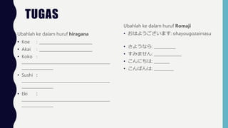 TUGAS
Ubahlah ke dalam huruf Romaji
? Ϥ褦ޤ: ohayougozaimasu
? 褦ʤ: ___________
? ߤޤ: ______________
? ˤ: ________
? Ф: __________
Ubahlah ke dalam huruf hiragana
? Koe ___________________________
? Akai ___________________________
? Koko 
_____________________________________________
________________
? Sushi 
_____________________________________________
________________
? Eki 
_____________________________________________
________________
 