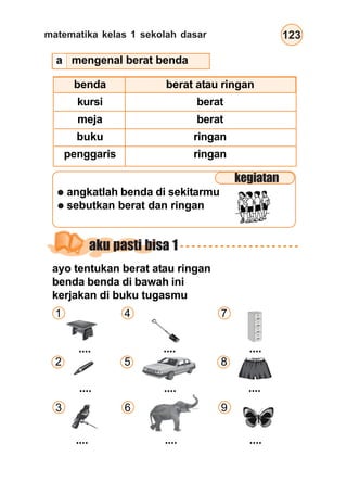 matematika kelas 1 sekolah dasar 123
angkatlah benda di sekitarmu
sebutkan berat dan ringan
aku pasti bisa 1
ayo tentukan berat atau ringan
benda benda di bawah ini
kerjakan di buku tugasmu
benda
kursi
meja
buku
penggaris
berat atau ringan
berat
berat
ringan
ringan
kegiatan
.... .... ....
....
....
....
.... .... ....
2
3
1
5
6
4
8
9
7
a mengenal berat benda
 