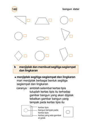 bangun datar
140
menjiplak segitiga segiempat dan lingkaran
mari menjiplak berbagai bentuk segitiga
segiempat dan lingkaran
caranya : ambilah selembar kertas tipis
tutuplah kertas tipis itu terhadap
gambar bangun yang akan dijiplak
tebalkan gambar bangun yang
tampak pada kertas tipis itu
kertas tipis
bangun tampak pada
kertas tipis
kertas yang ada gambar
di jiplak
b menjiplak dan membuat segitiga segiempat
dan lingkaran
 
