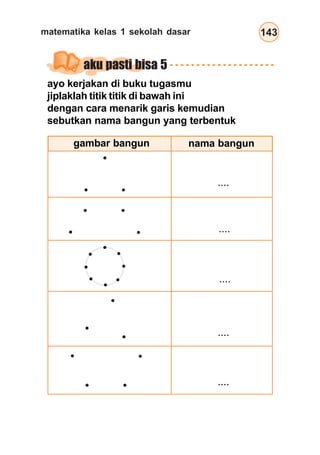 matematika kelas 1 sekolah dasar 143
gambar bangun nama bangun
....
....
....
....
....
aku pasti bisa 5
ayo kerjakan di buku tugasmu
jiplaklah titik titik di bawah ini
dengan cara menarik garis kemudian
sebutkan nama bangun yang terbentuk
 