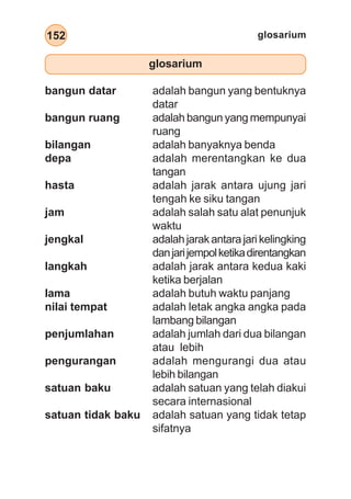 daftar pustaka
152
glosarium
bangun datar adalah bangun yang bentuknya
datar
bangun ruang adalah bangun yang mempunyai
ruang
bilangan adalah banyaknya benda
depa adalah merentangkan ke dua
tangan
hasta adalah jarak antara ujung jari
tengah ke siku tangan
jam adalah salah satu alat penunjuk
waktu
jengkal adalah jarak antara jari kelingking
danjarijempolketikadirentangkan
langkah adalah jarak antara kedua kaki
ketika berjalan
lama adalah butuh waktu panjang
nilai tempat adalah letak angka angka pada
lambang bilangan
penjumlahan adalah jumlah dari dua bilangan
atau lebih
pengurangan adalah mengurangi dua atau
lebih bilangan
satuan baku adalah satuan yang telah diakui
secara internasional
satuan tidak baku adalah satuan yang tidak tetap
sifatnya
glosarium
 