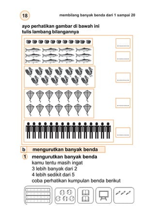 18 membilang banyak benda dari 1 sampai 20
ayo perhatikan gambar di bawah ini
tulis lambang bilangannya
.........
.........
.........
.........
.........
mengurutkan banyak benda
1 mengurutkan banyak benda
kamu tentu masih ingat
3 lebih banyak dari 2
4 lebih sedikit dari 5
coba perhatikan kumpulan benda berikut
b
 