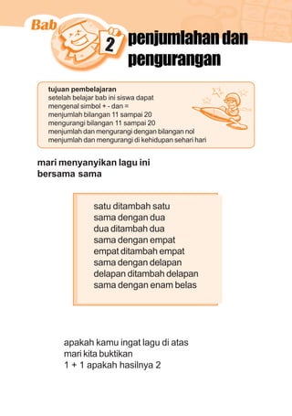 matematika kelas 1 sekolah dasar 29
2 penjumlahandan
pengurangan
mari menyanyikan lagu ini
bersama sama
tujuan pembelajaran
setelah belajar bab ini siswa dapat
mengenal simbol + - dan =
menjumlah bilangan 11 sampai 20
mengurangi bilangan 11 sampai 20
menjumlah dan mengurangi dengan bilangan nol
menjumlah dan mengurangi di kehidupan sehari hari
apakah kamu ingat lagu di atas
mari kita buktikan
1 + 1 apakah hasilnya 2
satu ditambah satu
sama dengan dua
dua ditambah dua
sama dengan empat
empat ditambah empat
sama dengan delapan
delapan ditambah delapan
sama dengan enam belas
 